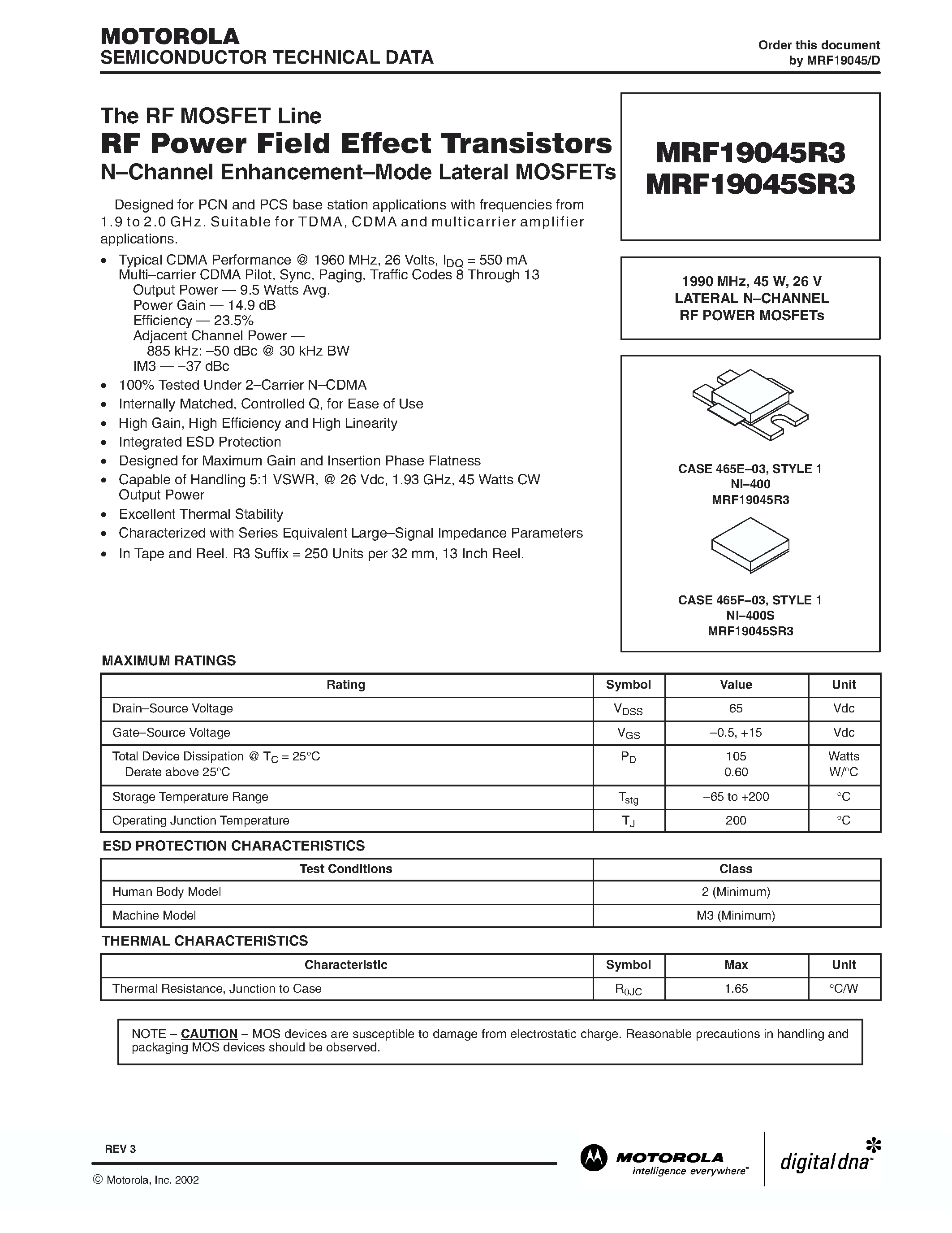 Datasheet MRF19045R3 - RF POWER FIELD EFFECT TRANSISTORS page 1