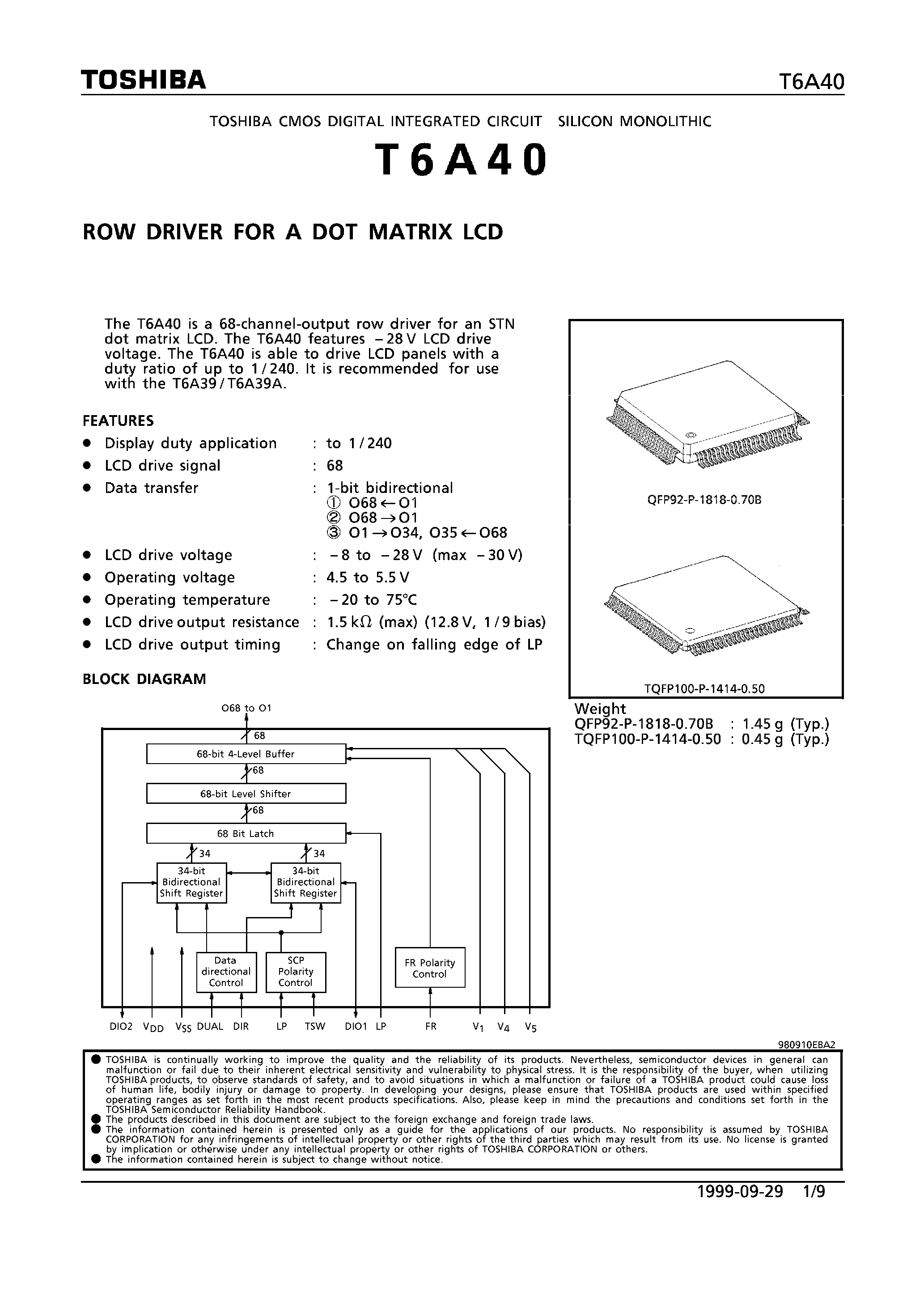 Datasheet T6A40 - ROW DRIVER FOR A DOT MATRIX LCD page 1