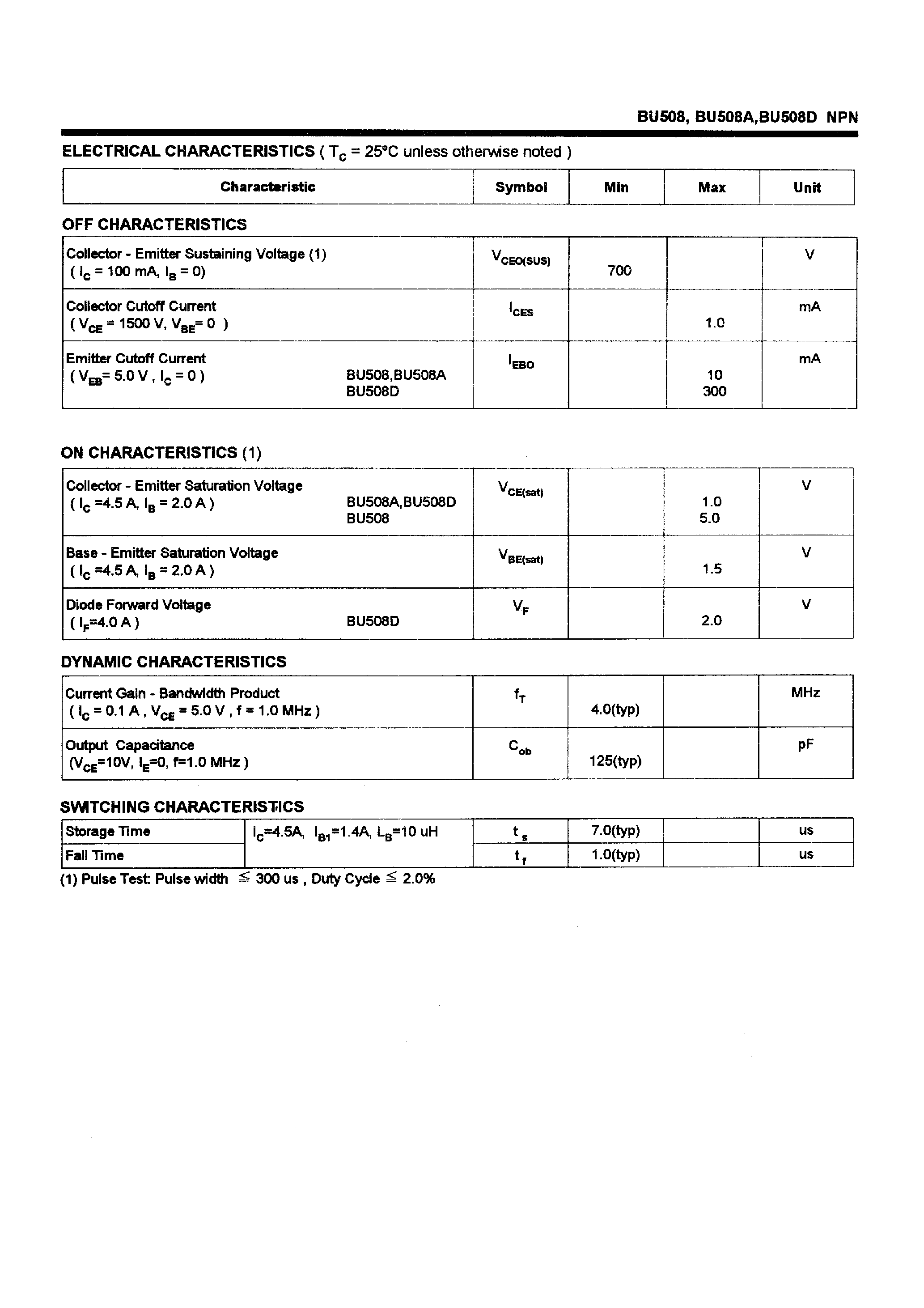 Даташит BU508 - POWER TRANSISTORS(5A/1500V/125W) страница 2