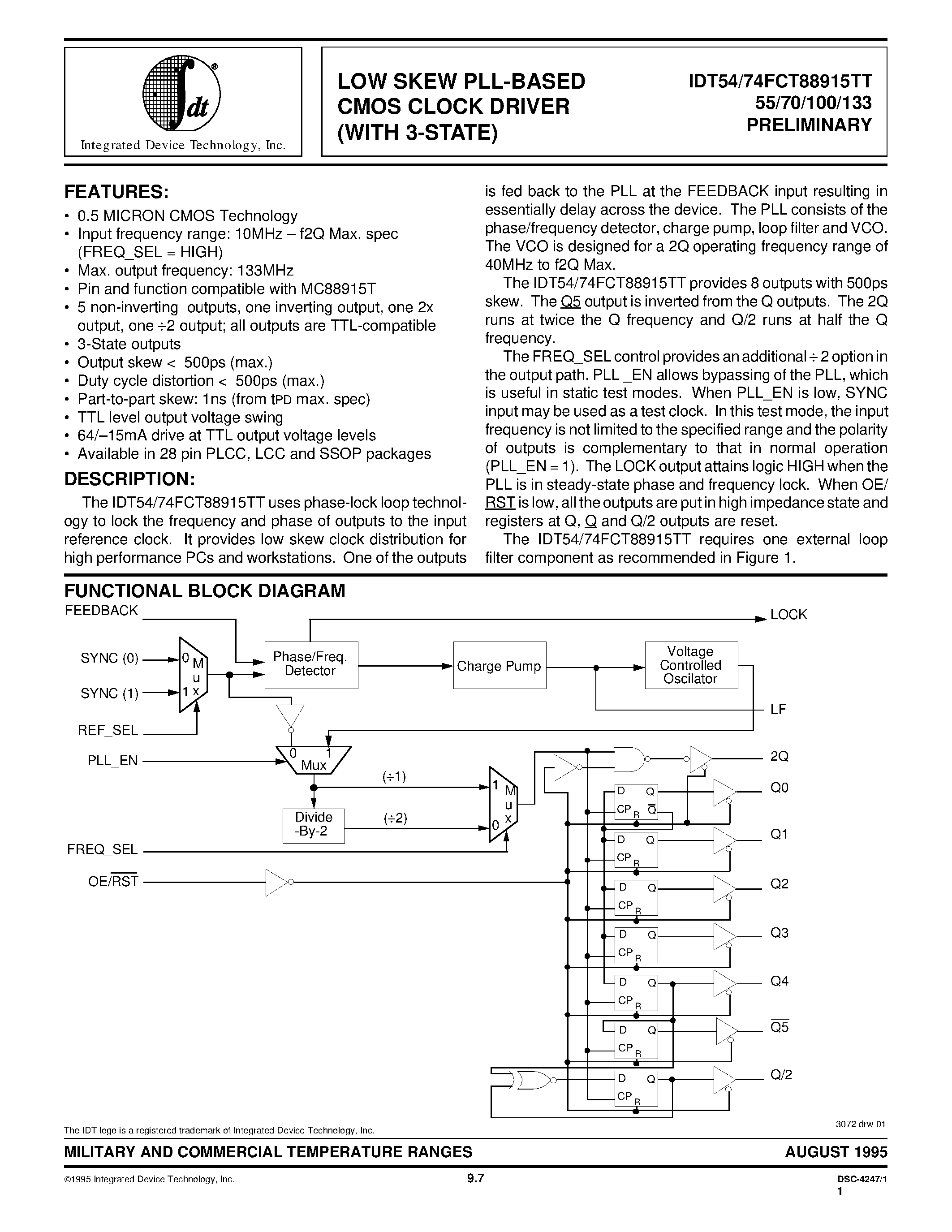 Datasheet IDT74FCT88915TT70L - LOW SKEW PLL-BASED CMOS CLOCK DRIVER (WITH 3-STATE) page 1