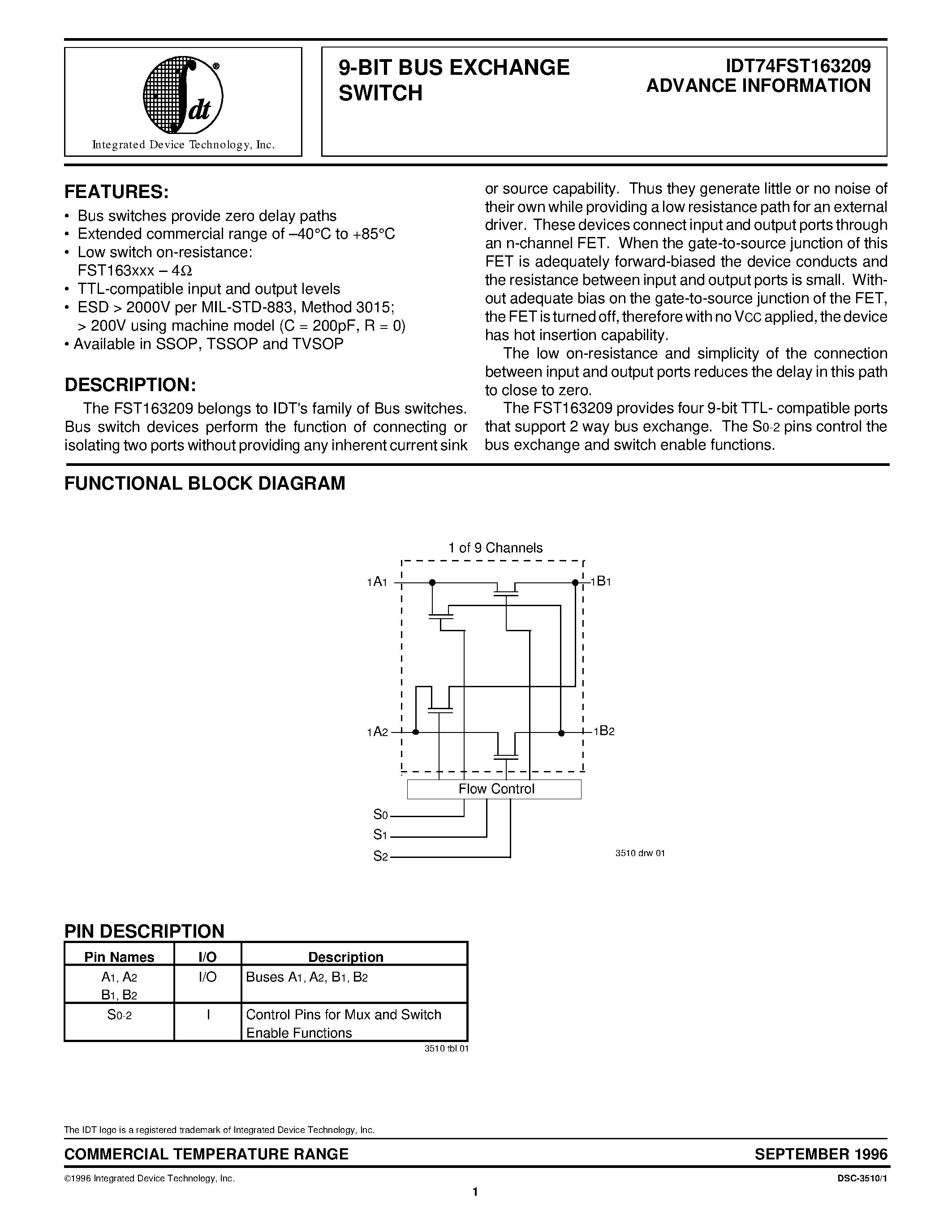Datasheet IDT74FST163209PA - 9-BIT BUS EXCHANGE SWITCH page 1