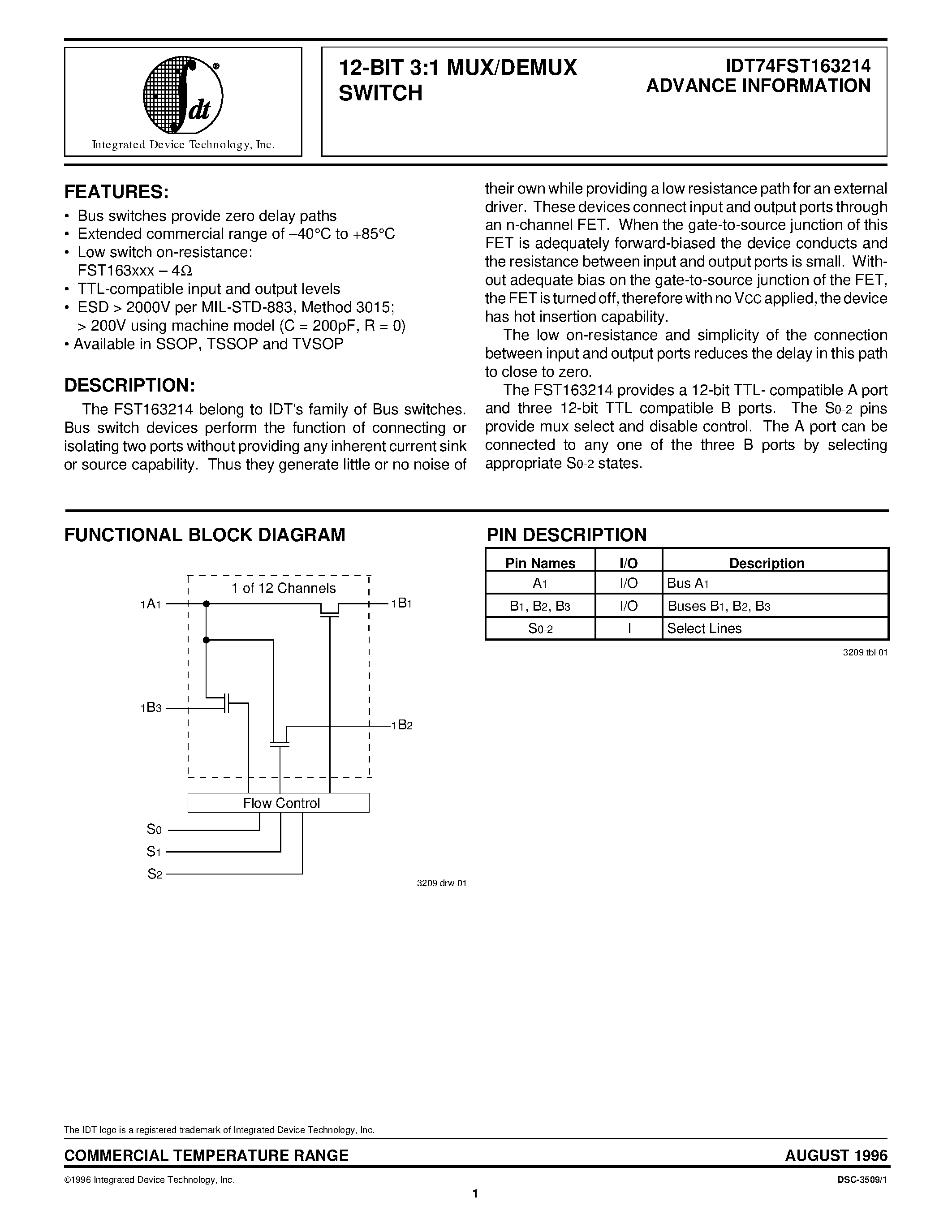 Datasheet IDT74FST163214PF - 12-BIT 3:1 MUX/DEMUX SWITCH page 1
