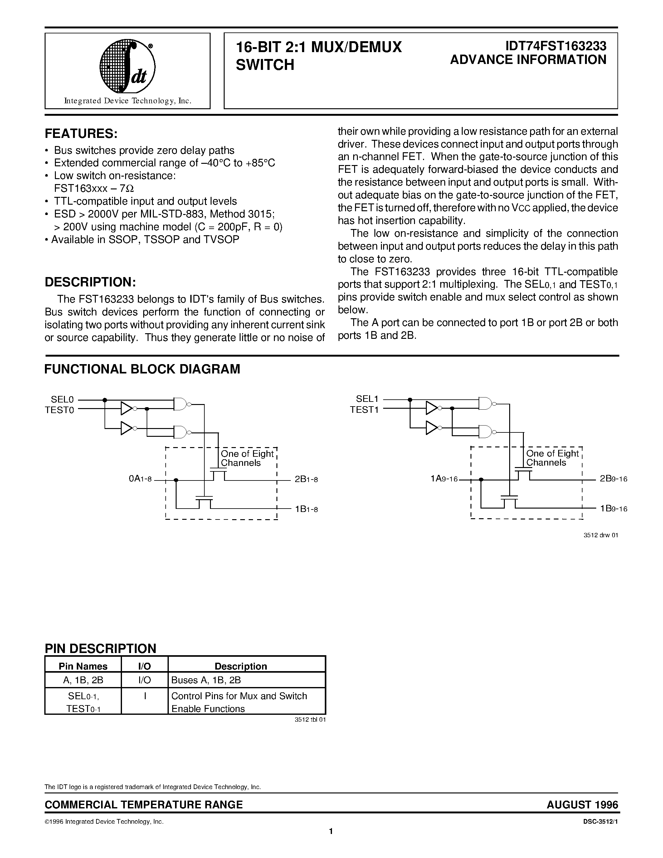 Datasheet IDT74FST163233PV - 16-BIT 2:1 MUX/DEMUX SWITCH page 1