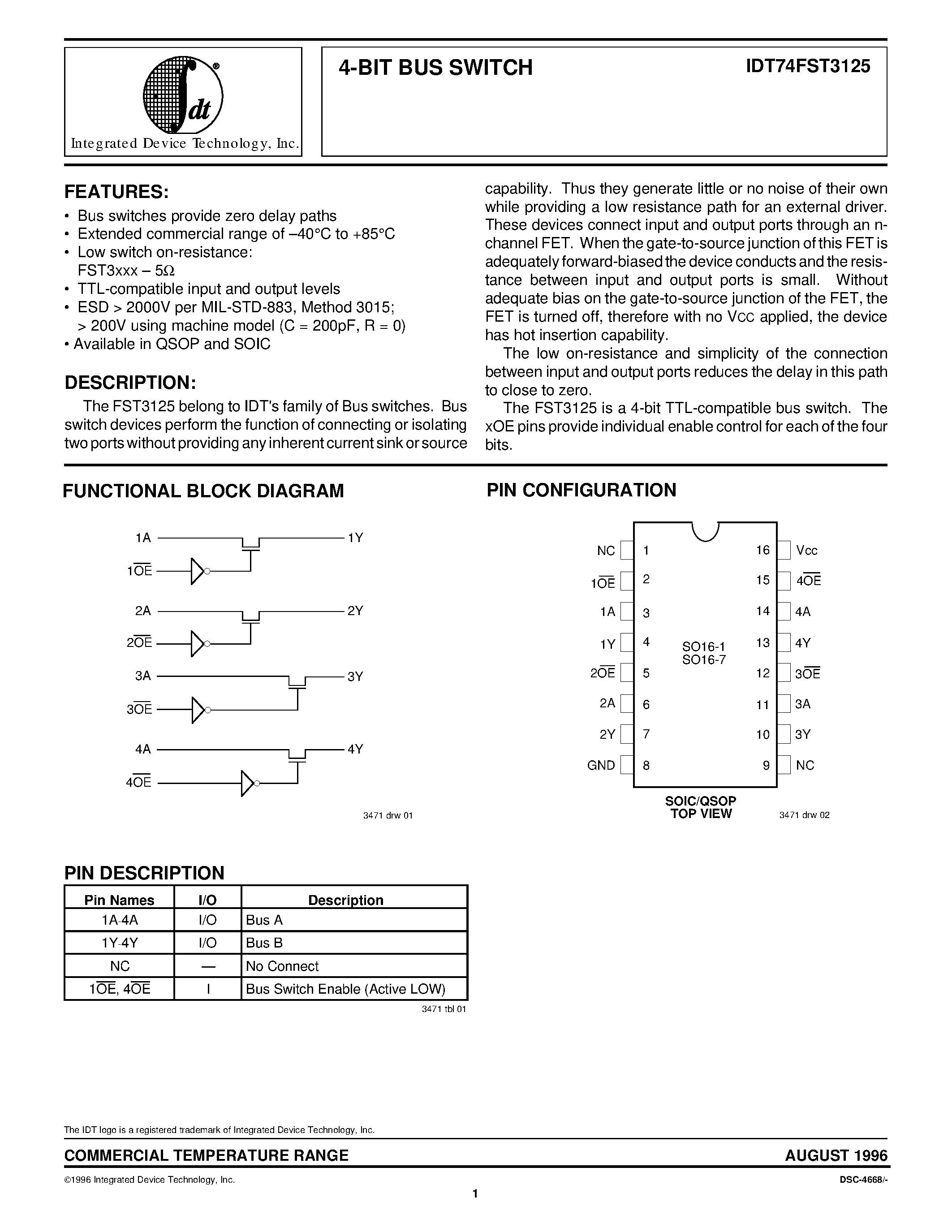 Даташит IDT74FST3125Q - 4-BIT BUS SWITCH страница 1