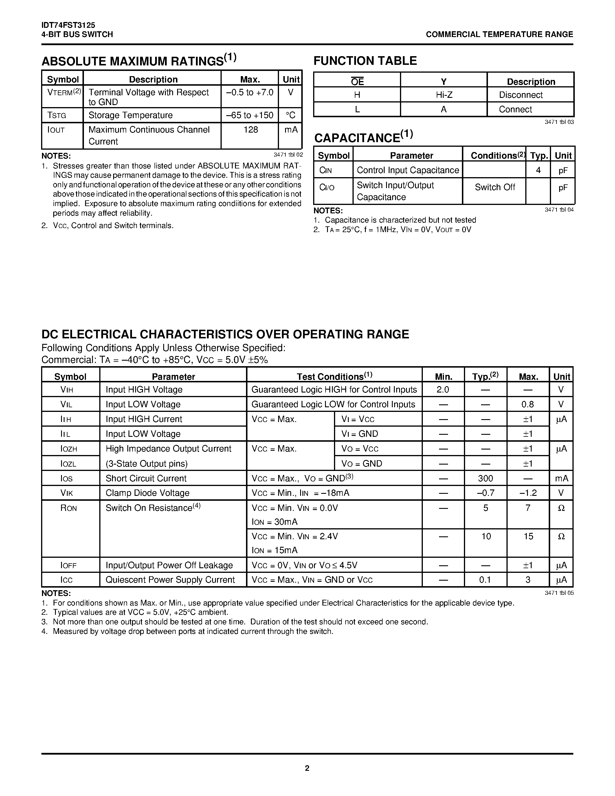 Даташит IDT74FST3125Q - 4-BIT BUS SWITCH страница 2