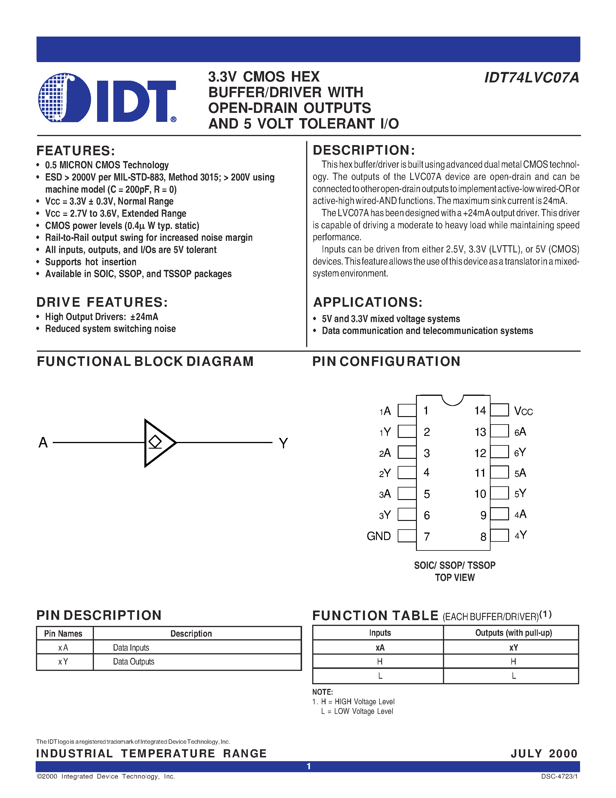 Datasheet IDT74LVC07A page 1 Datasheet IDT74LVC07A - 3.3V CMOS HEX BUFFER/DRIVER WITH OPEN-DRAIN OUTPUTS AND 5 VOLT TOLERANT I/O page 1