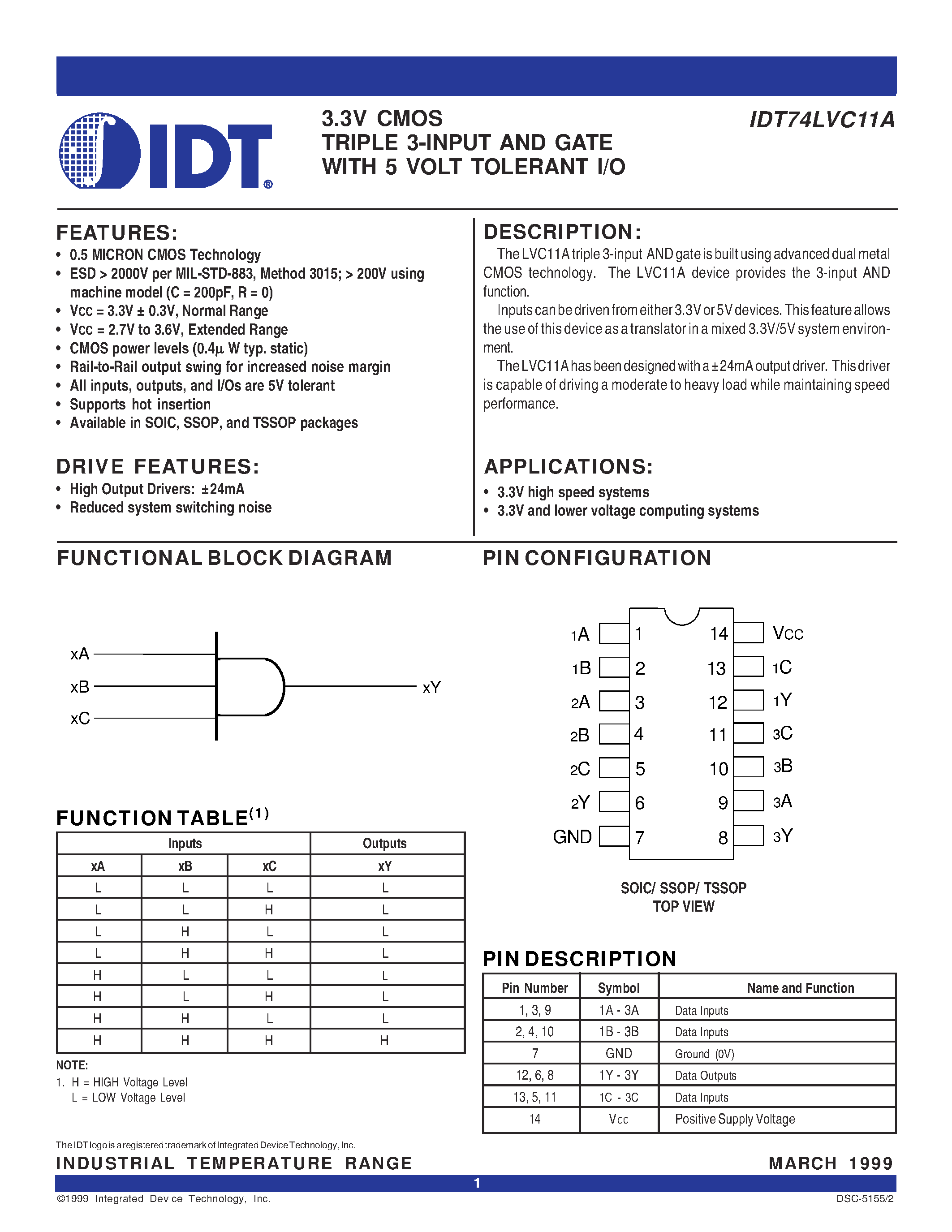 Даташит IDT74LVC11A - 3.3V CMOS TRIPLE 3-INPUT AND GATE WITH 5 VOLT TOLERANT I/O страница 1