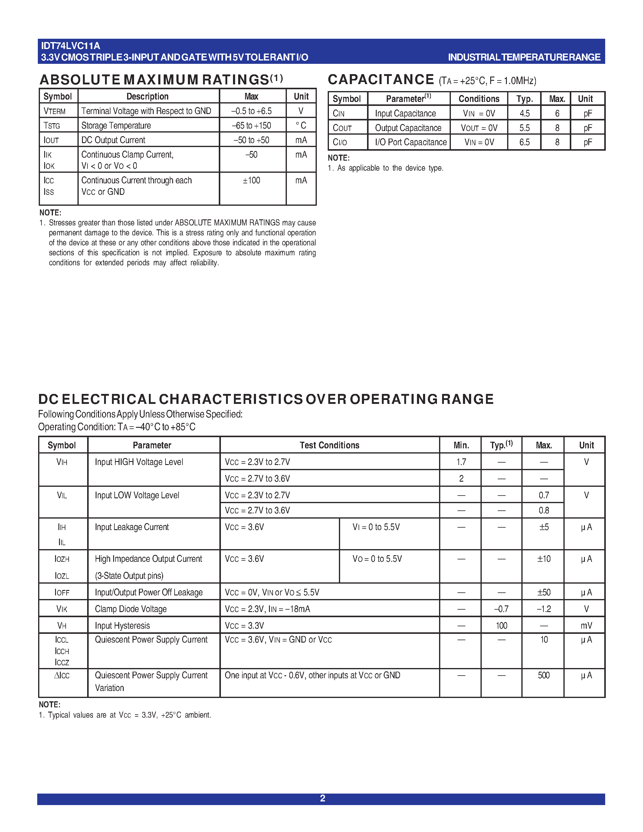 Datasheet IDT74LVC11APG page 2 Datasheet IDT74LVC11APG - 3.3V CMOS TRIPLE 3-INPUT AND GATE WITH 5 VOLT TOLERANT I/O page 2
