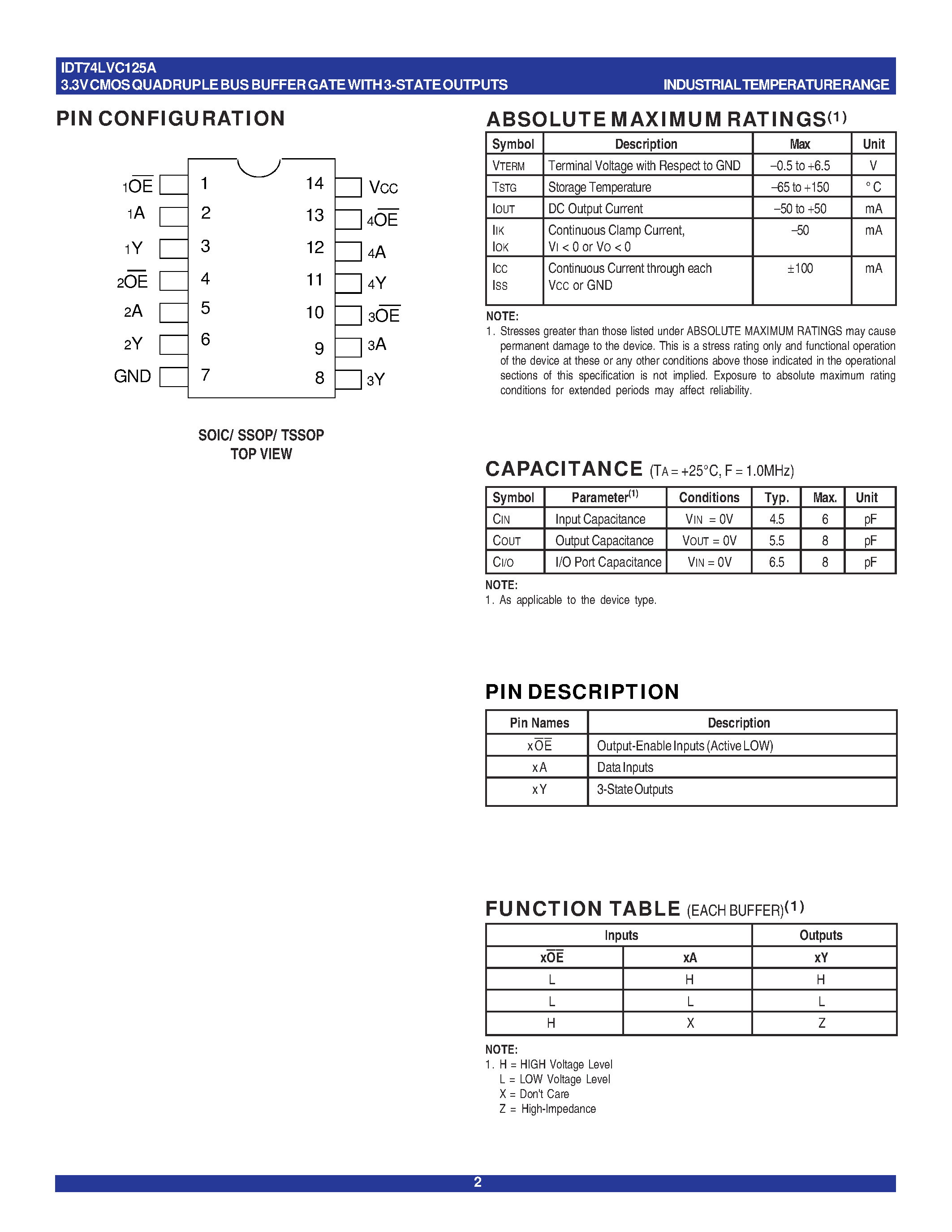 Datasheet IDT74LVC125APG - 3.3V CMOS QUADRUPLE BUS BUFFER GATE WITH 3-STATE OUTPUTS AND 5 VOLT TOLERANT I/O page 2