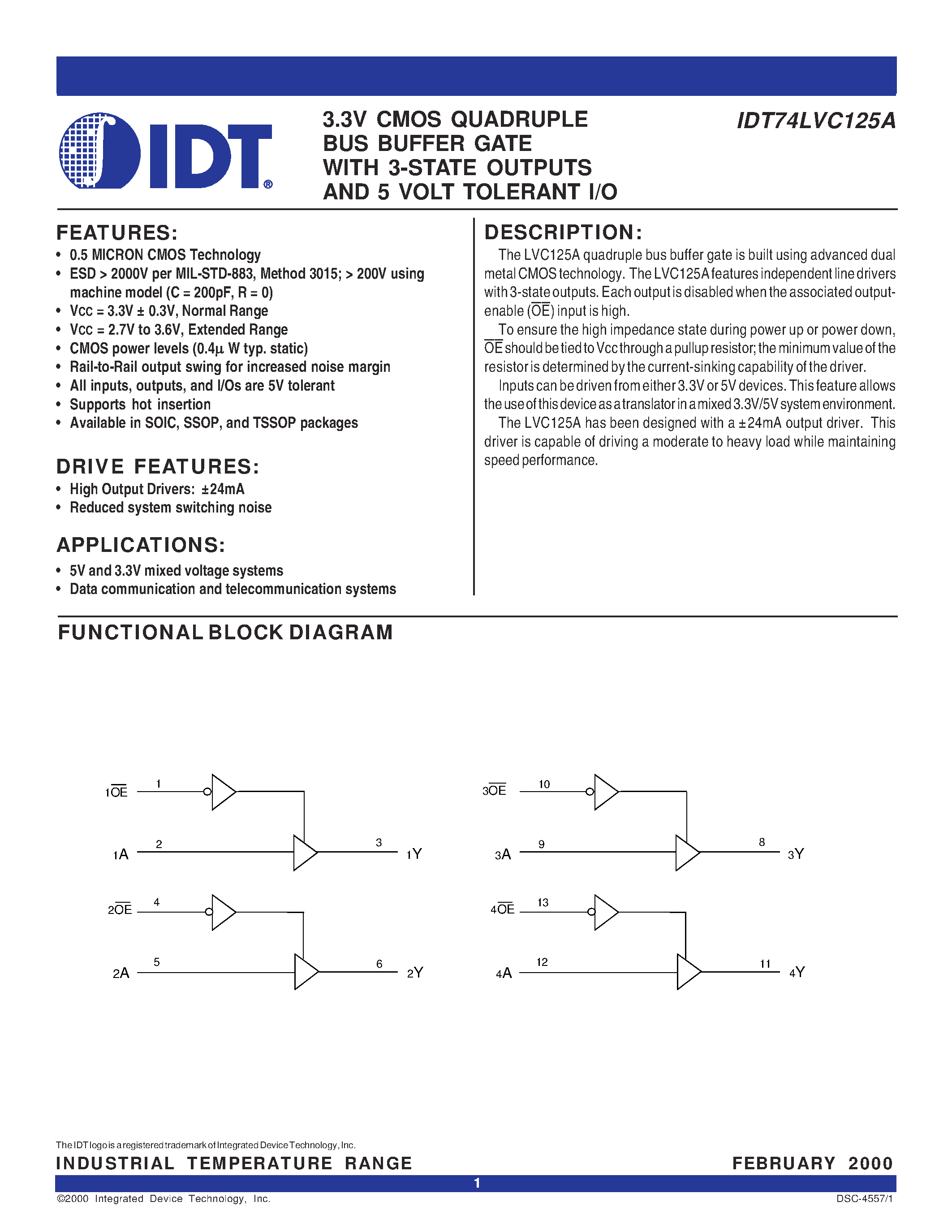 Даташит IDT74LVC125APY - 3.3V CMOS QUADRUPLE BUS BUFFER GATE WITH 3-STATE OUTPUTS AND 5 VOLT TOLERANT I/O страница 1