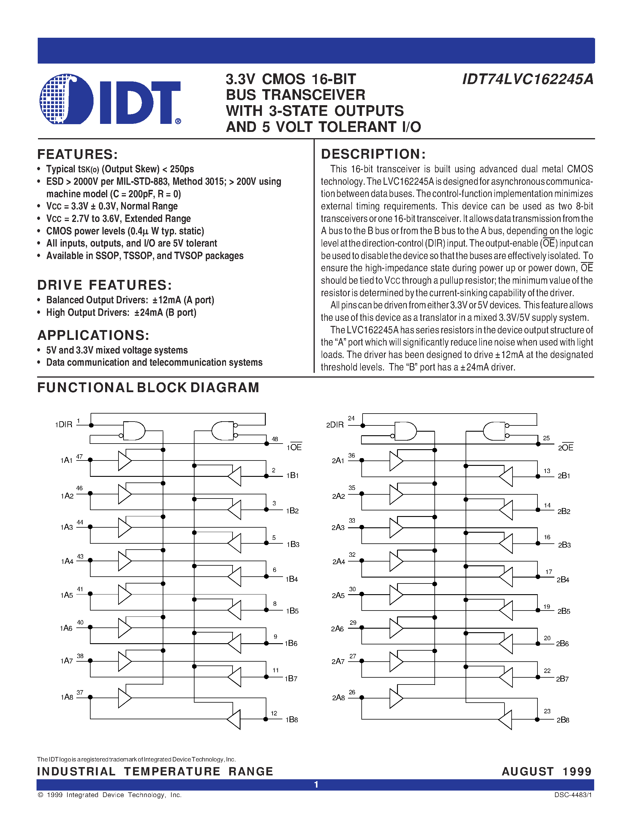 Даташит IDT74LVC162245APF - 3.3V CMOS 16-BIT BUS TRANSCEIVER WITH 3-STATE OUTPUTS AND 5 VOLT TOLERANT I/O страница 1