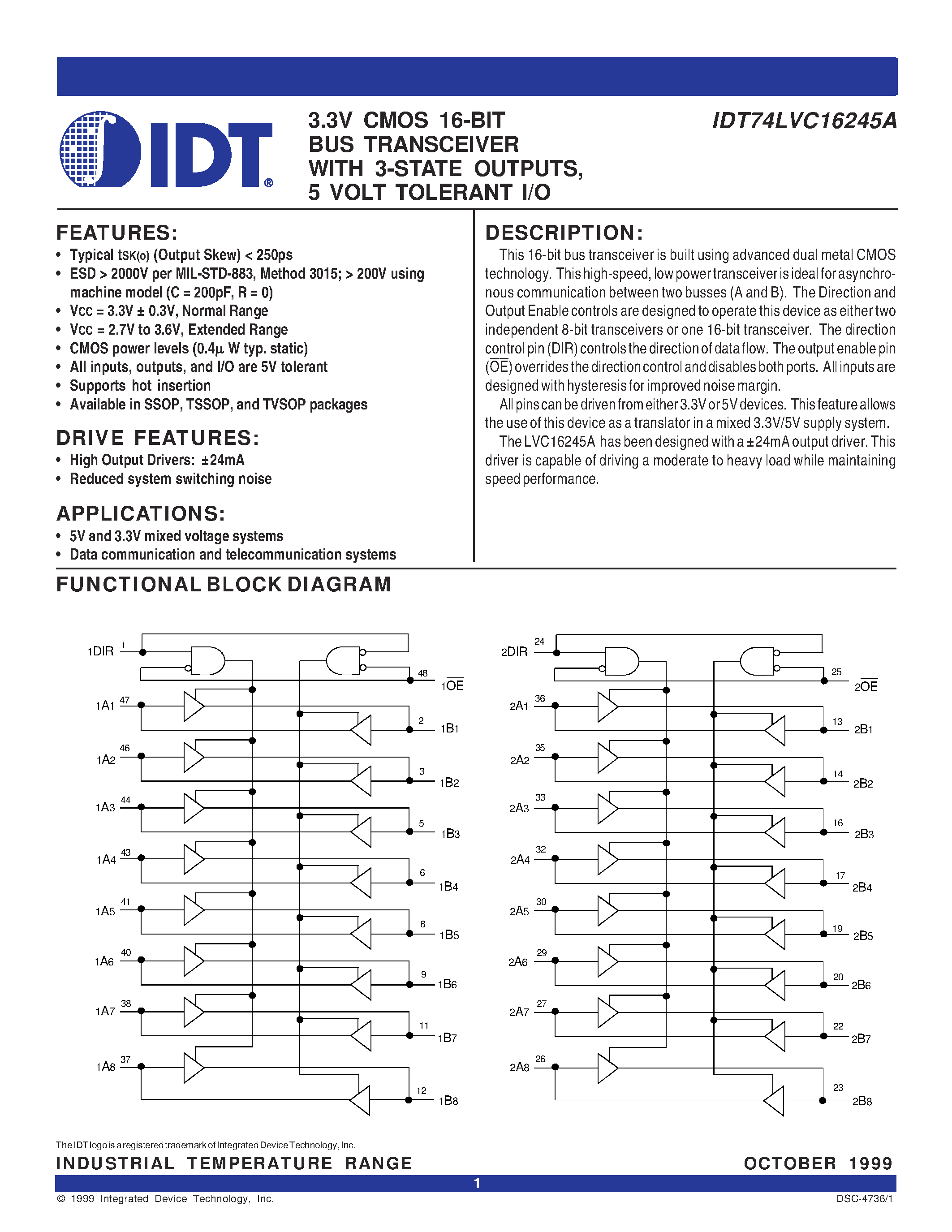 Даташит IDT74LVC16245APA - 3.3V CMOS 16-BIT BUS TRANSCEIVER WITH 3-STATE OUTPUTS/ 5 VOLT TOLERANT I/O страница 1