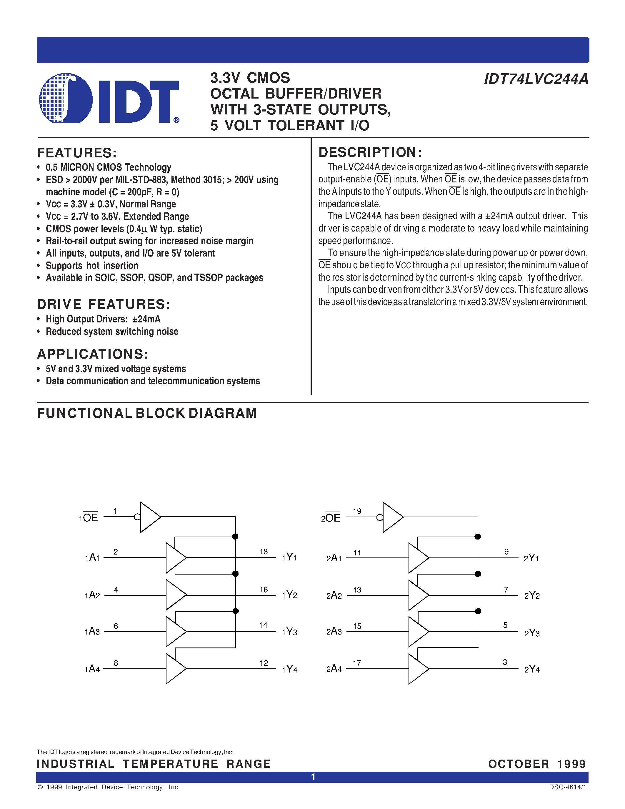 Даташит IDT74LVC244A - 3.3V CMOS OCTAL BUFFER/DRIVER WITH 3-STATE OUTPUTS/ 5 VOLT TOLERANT I/O страница 1