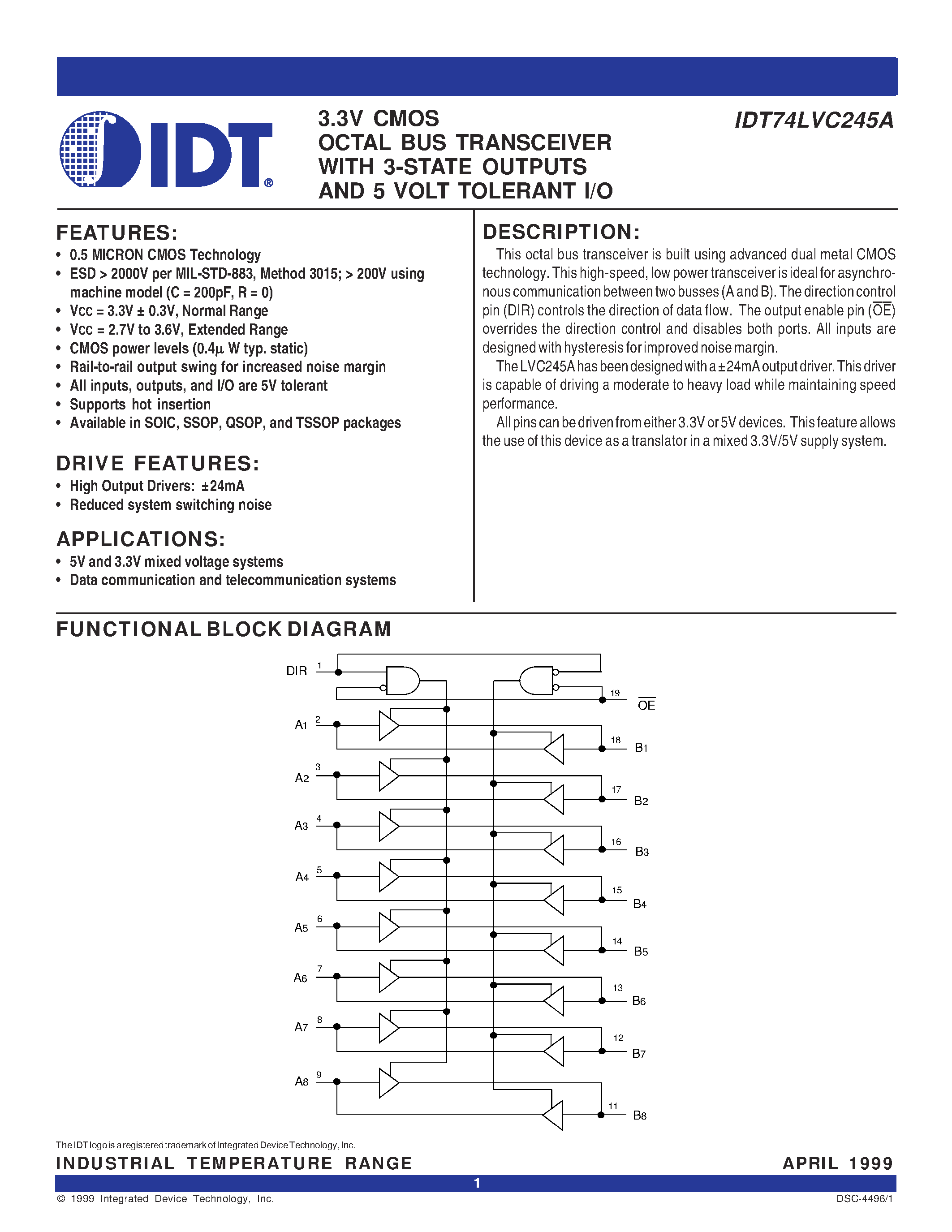 Даташит IDT74LVC245APY - 3.3V CMOS OCTAL BUS TRANSCEIVER WITH 3-STATE OUTPUTS AND 5 VOLT TOLERANT I/O страница 1