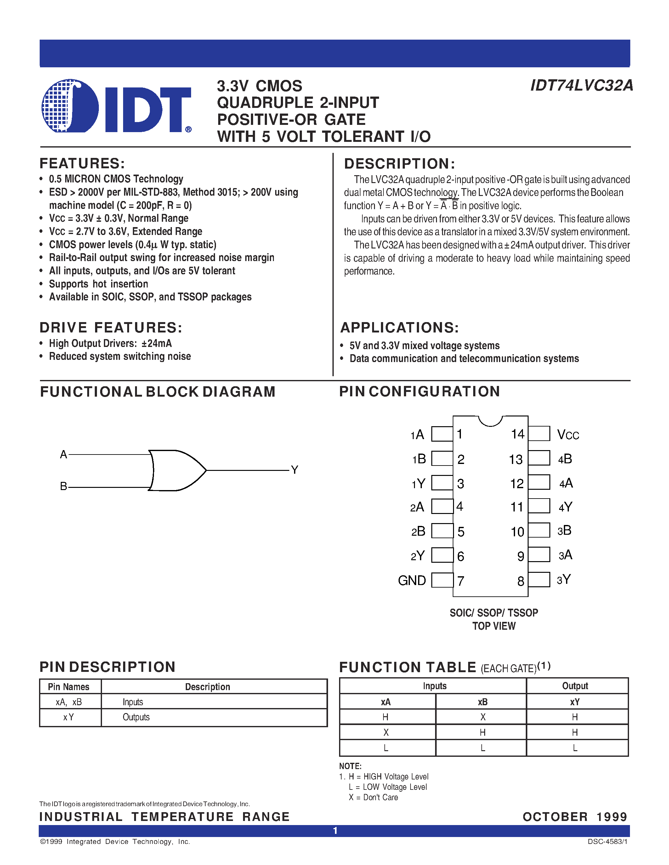 Даташит IDT74LVC32A - 3.3V CMOS QUADRUPLE 2-INPUT POSITIVE-OR GATE WITH 5 VOLT TOLERANT I/O страница 1