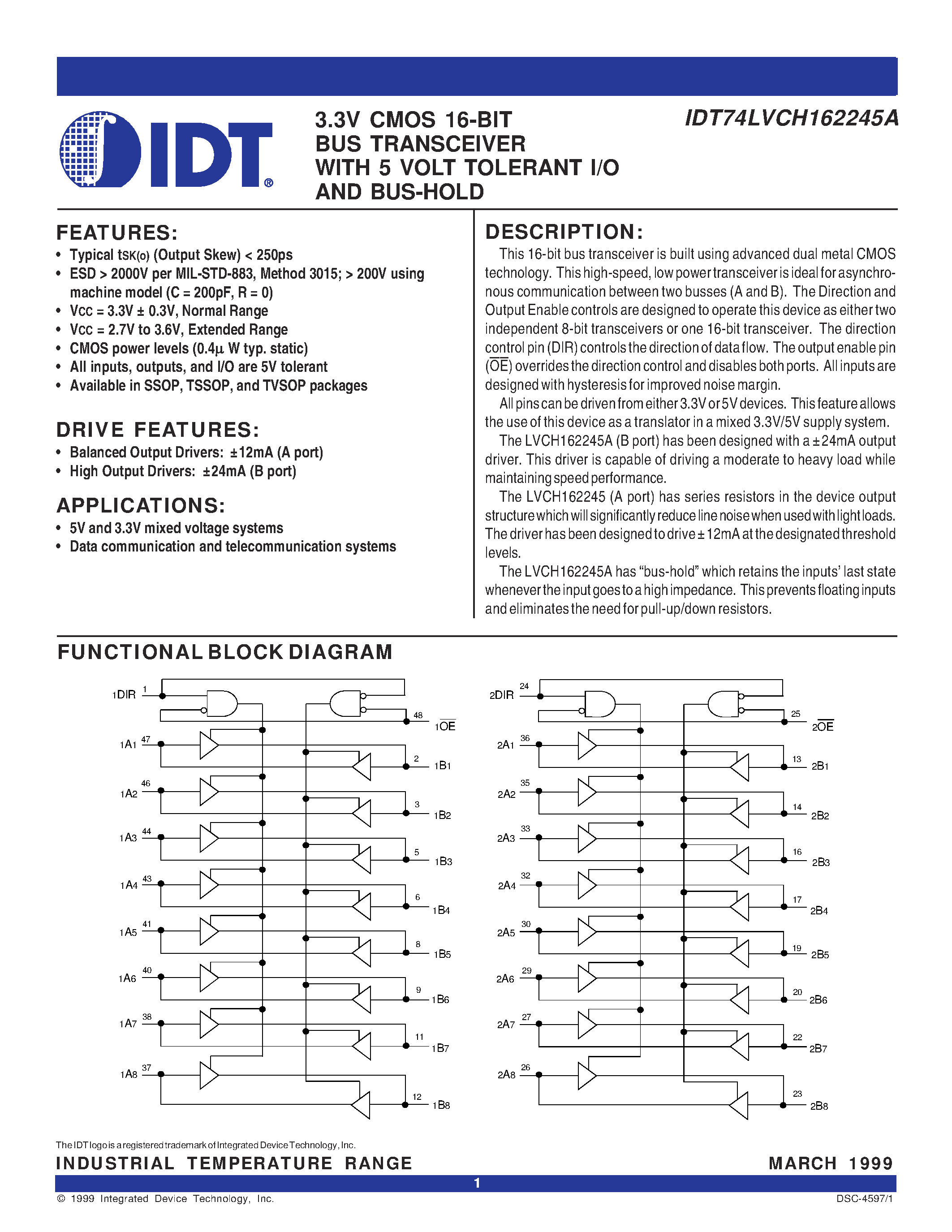 Даташит IDT74LVCH162245APV - 3.3V CMOS 16-BIT BUS TRANSCEIVER WITH 5 VOLT TOLERANT I/O AND BUS-HOLD страница 1