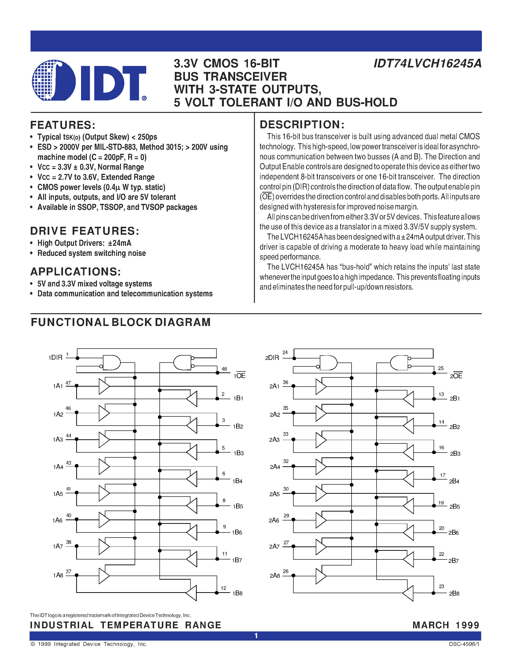Datasheet IDT74LVCH16245APA - 3.3V CMOS 16-BIT BUS TRANSCEIVER WITH 3-STATE OUTPUTS/ 5 VOLT TOLERANT I/O AND BUS-HOLD page 1