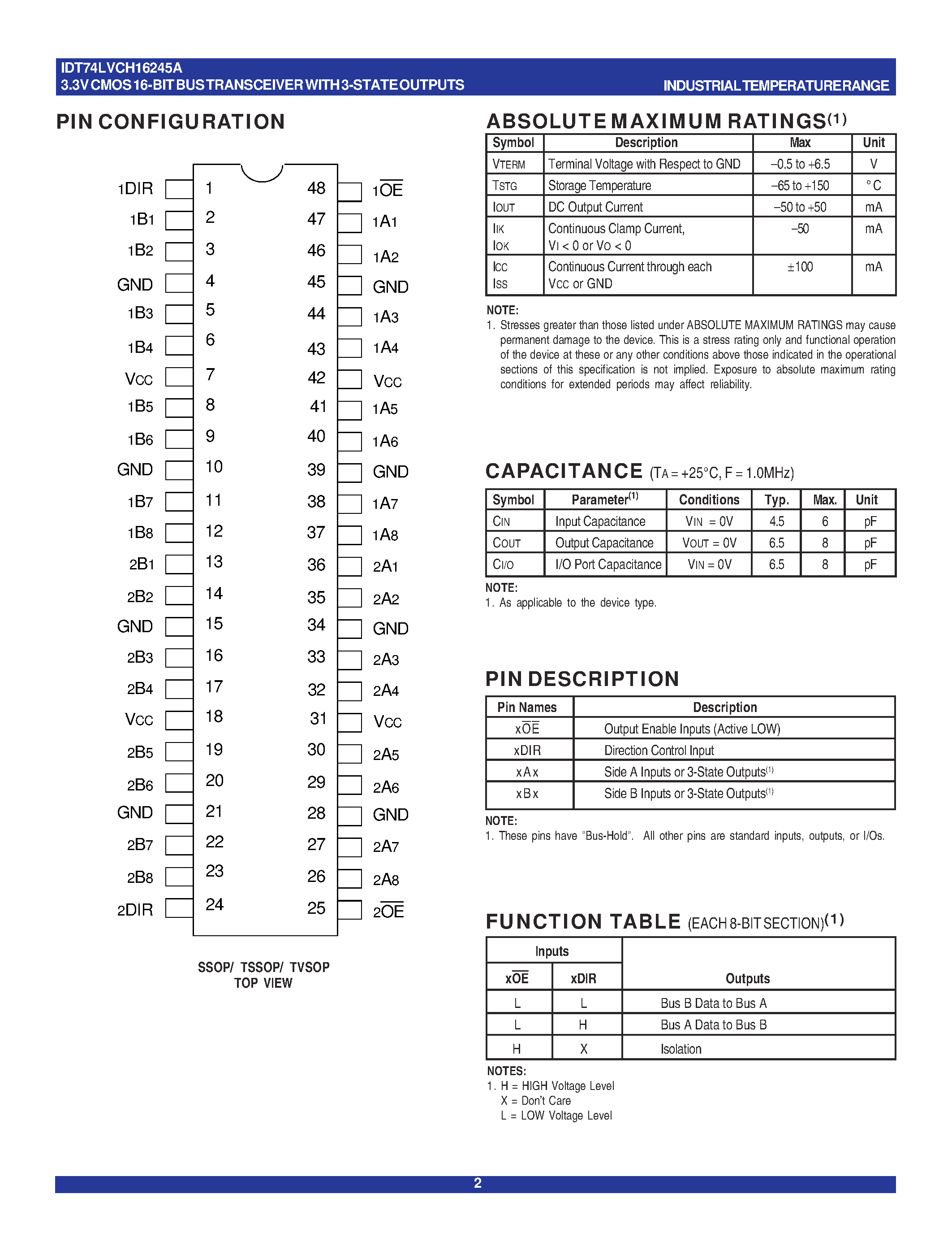 Datasheet IDT74LVCH16245APA - 3.3V CMOS 16-BIT BUS TRANSCEIVER WITH 3-STATE OUTPUTS/ 5 VOLT TOLERANT I/O AND BUS-HOLD page 2