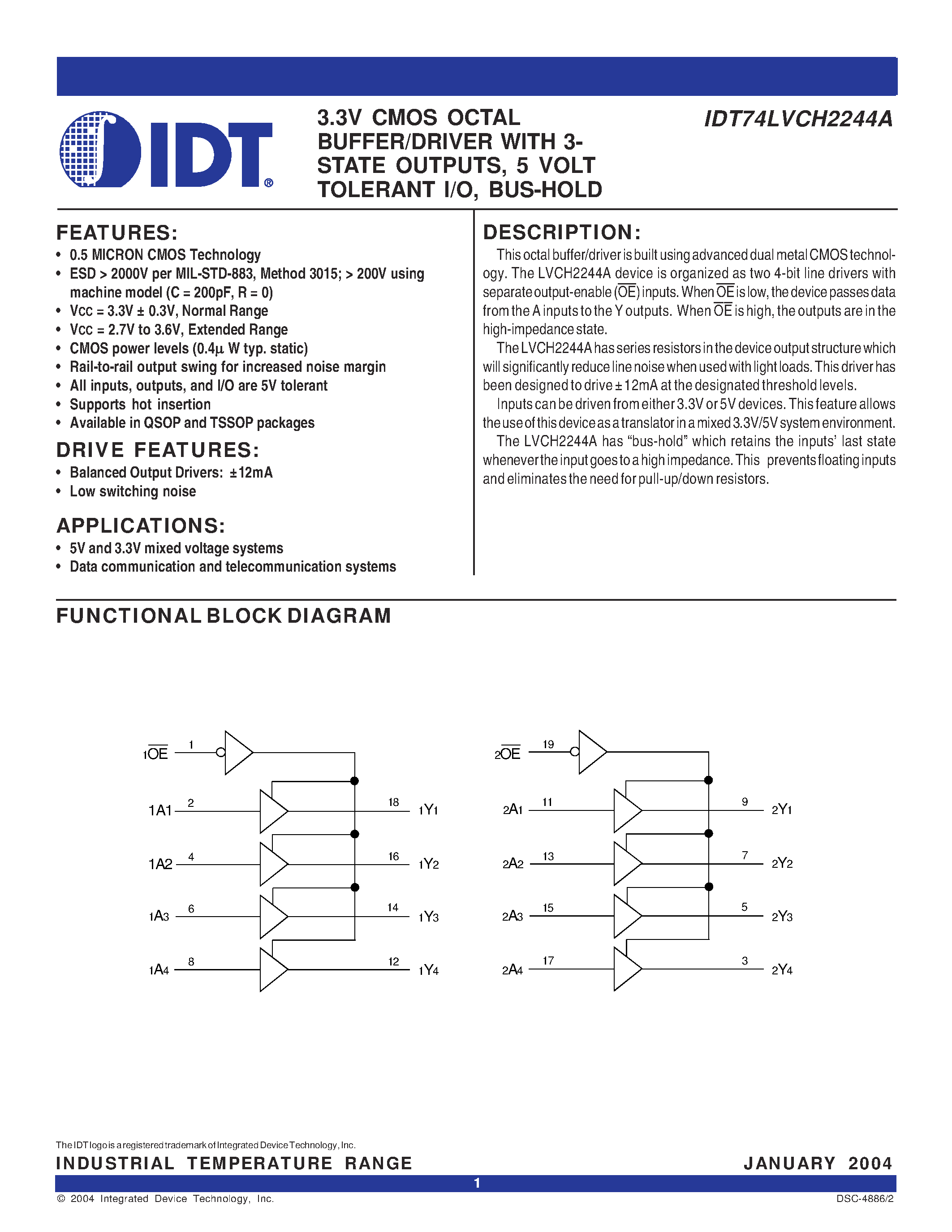 Datasheet IDT74LVCH2244APG - 3.3V CMOS OCTAL BUFFER/DRIVER WITH 3- STATE OUTPUTS/ 5 VOLT TOLERANT I/O/ BUS-HOLD page 1