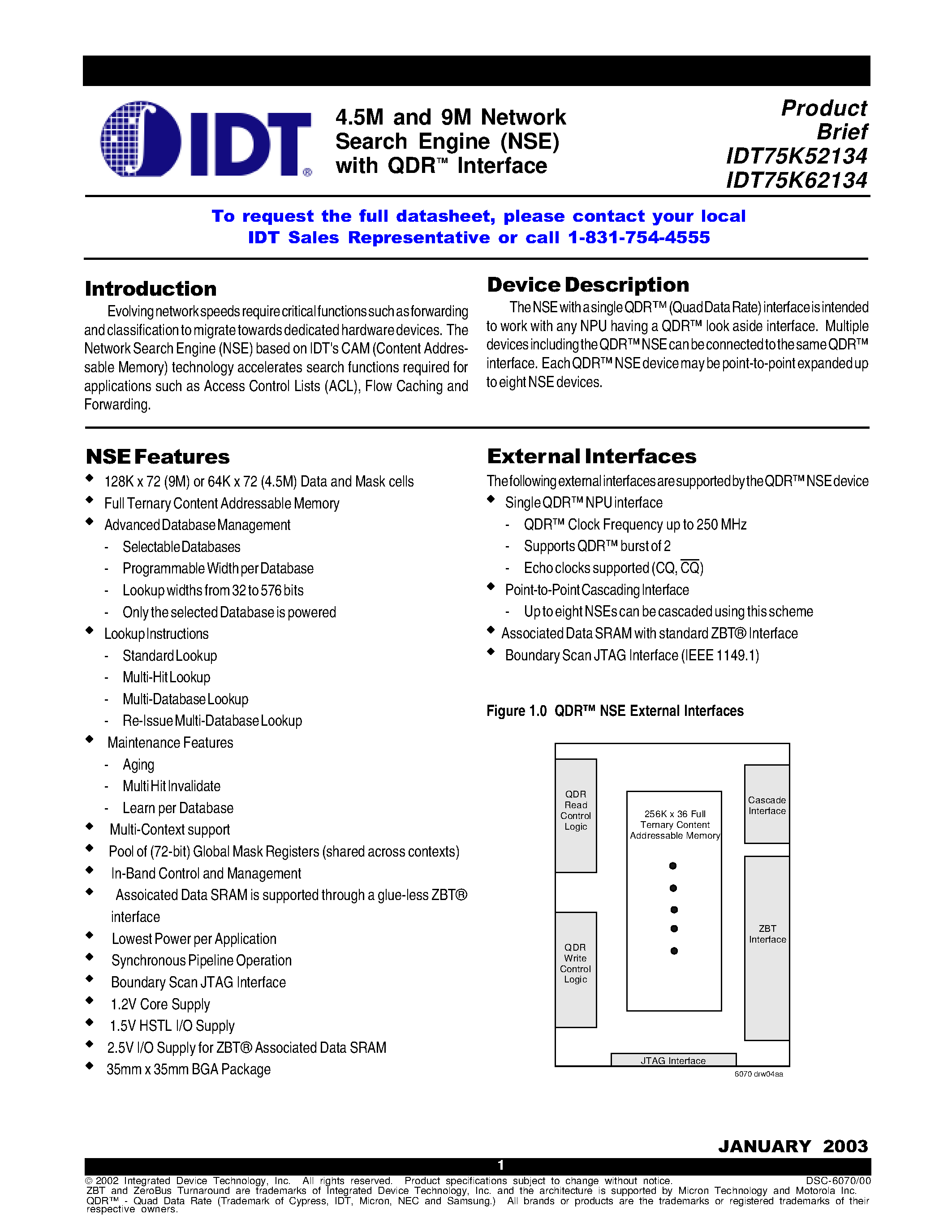 Даташит IDT75K62134 - 4.5M and 9M Network Search Engine (NSE) with QDR Interface страница 1
