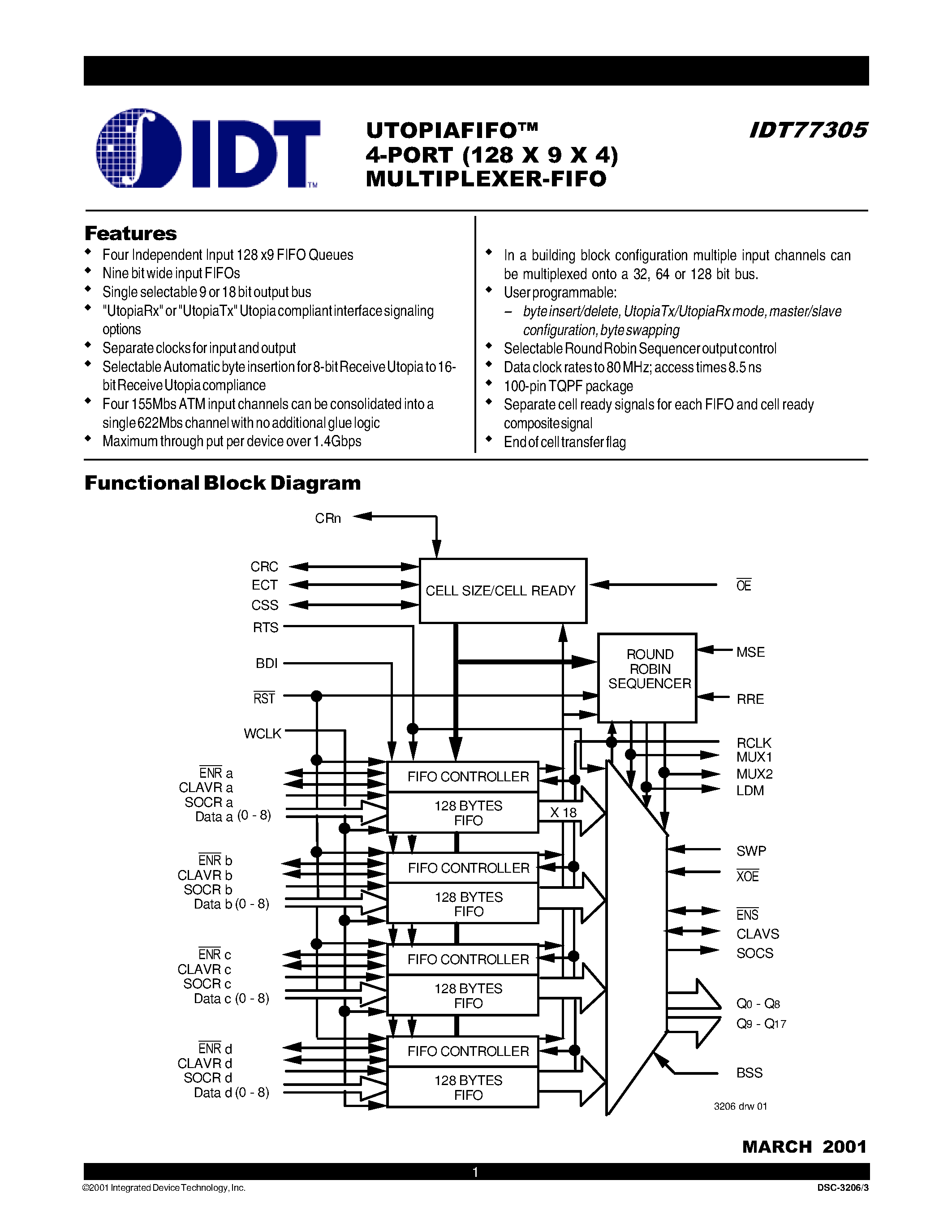 Даташит IDT77305 - UTOPIAFIFO 4 PORT MULTIPLEXER FIFO страница 1
