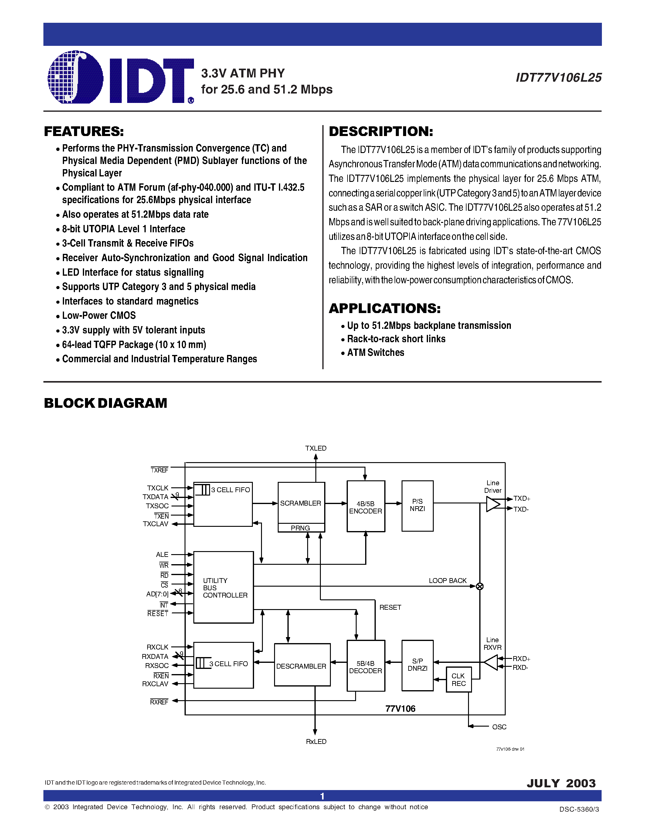 Datasheet IDT77V106L200TFI - 3.3V ATM PHY for 25.6 and 51.2 Mbps page 1