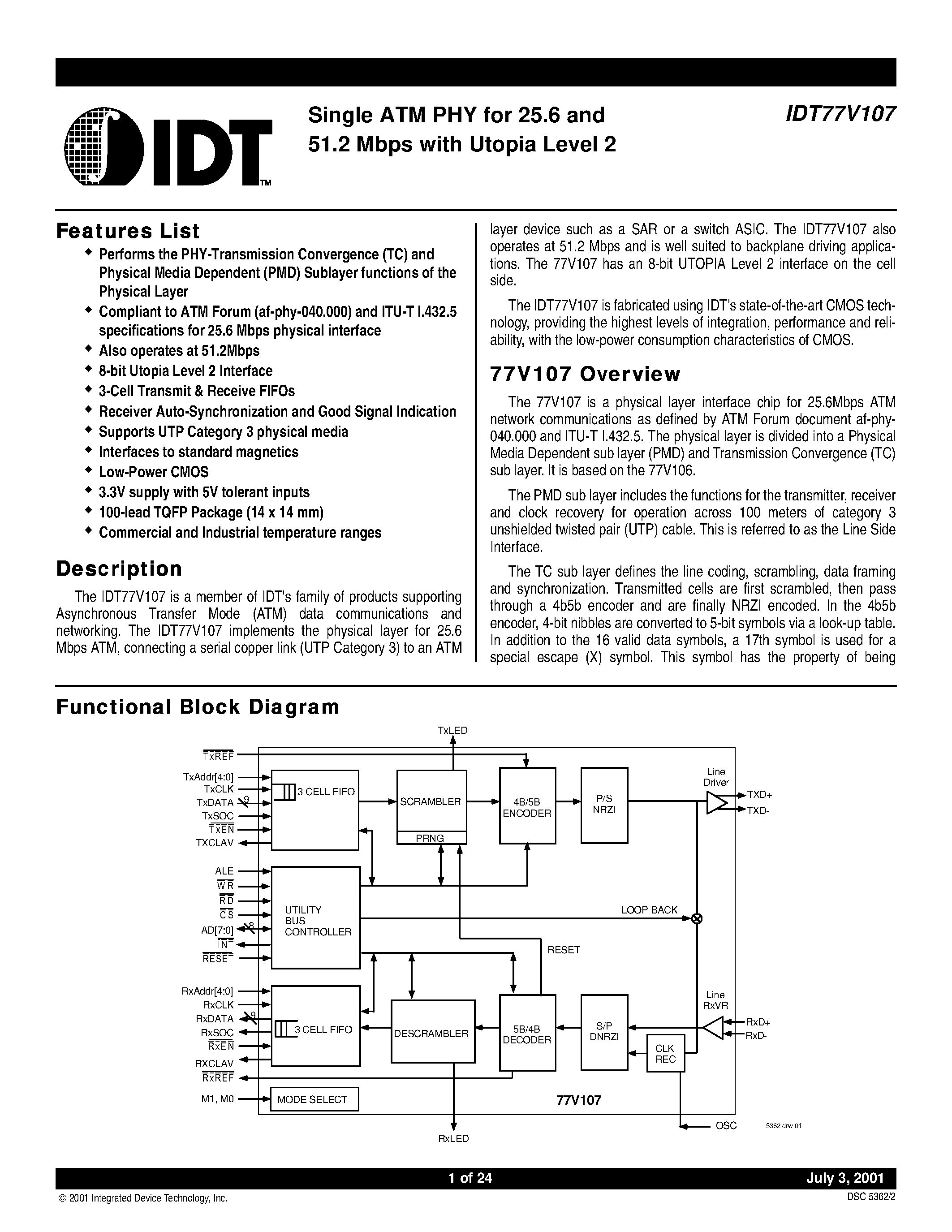 Datasheet IDT77V107 - Single ATM PHY for 25.6 and 51.2 Mbps with Utopia Level 2 page 1