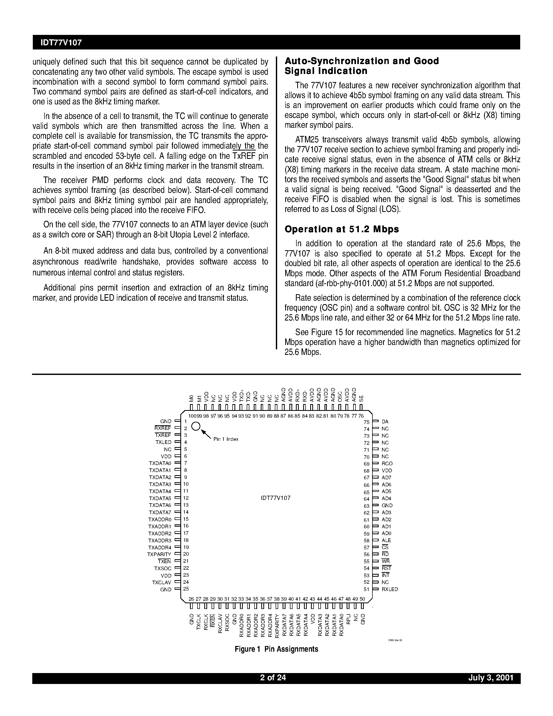 Datasheet IDT77V107L25PFI - Single ATM PHY for 25.6 and 51.2 Mbps with Utopia Level 2 page 2