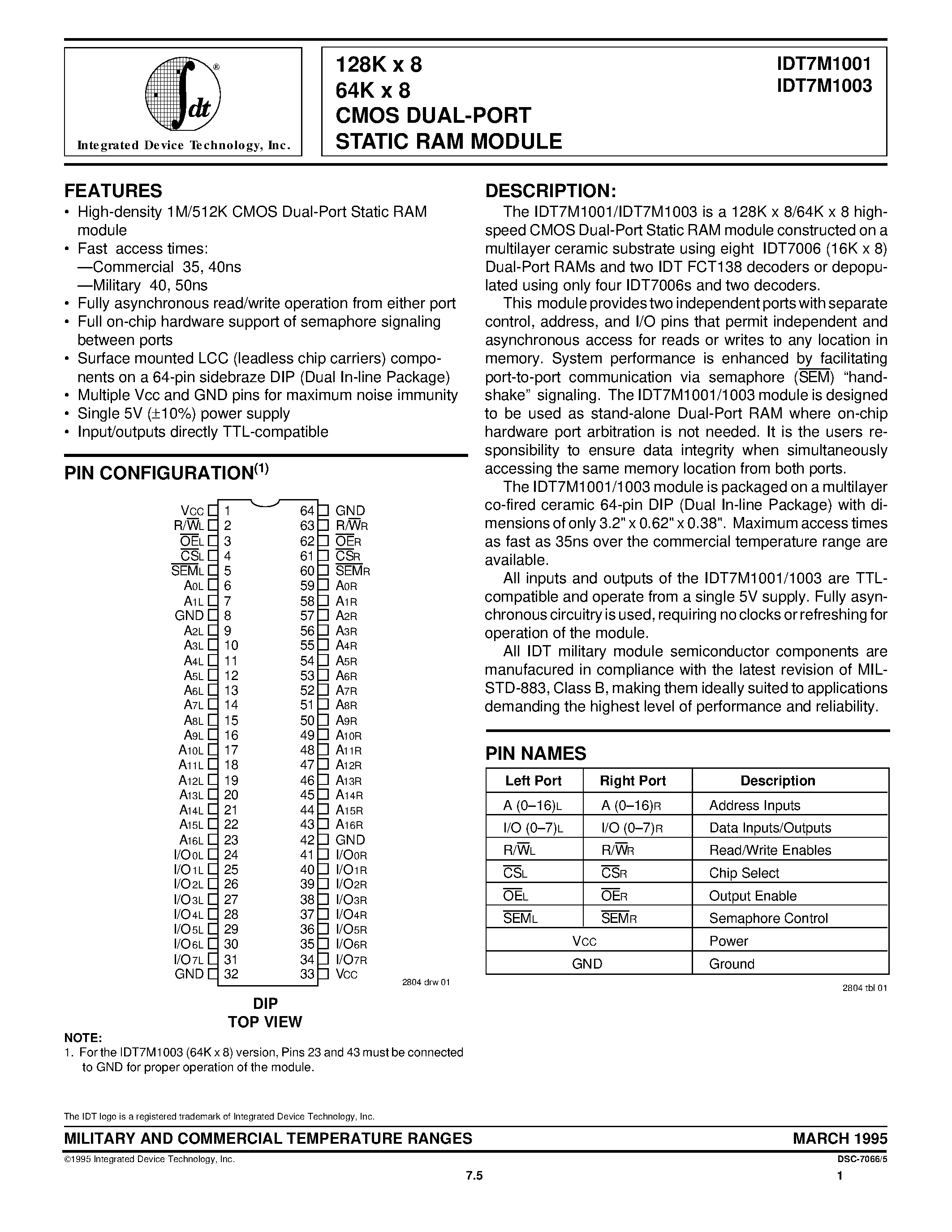 Datasheet IDT7M1001 - 128K x 8 64K x 8 CMOS DUAL-PORT STATIC RAM MODULE page 1