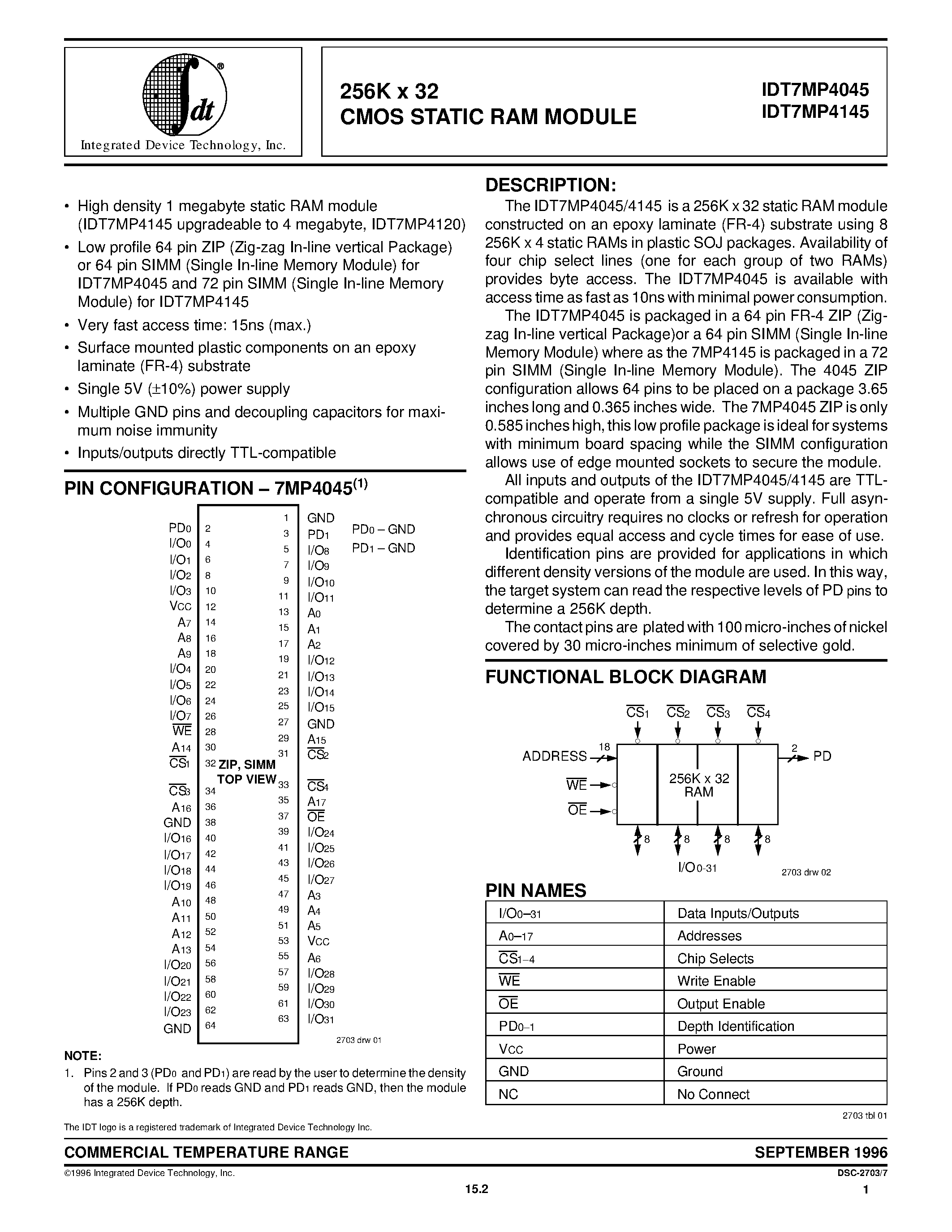 Datasheet IDT7MB4045S15M page 1 Datasheet IDT7MB4045S15M - 256K x 32 CMOS STATIC RAM MODULE page 1
