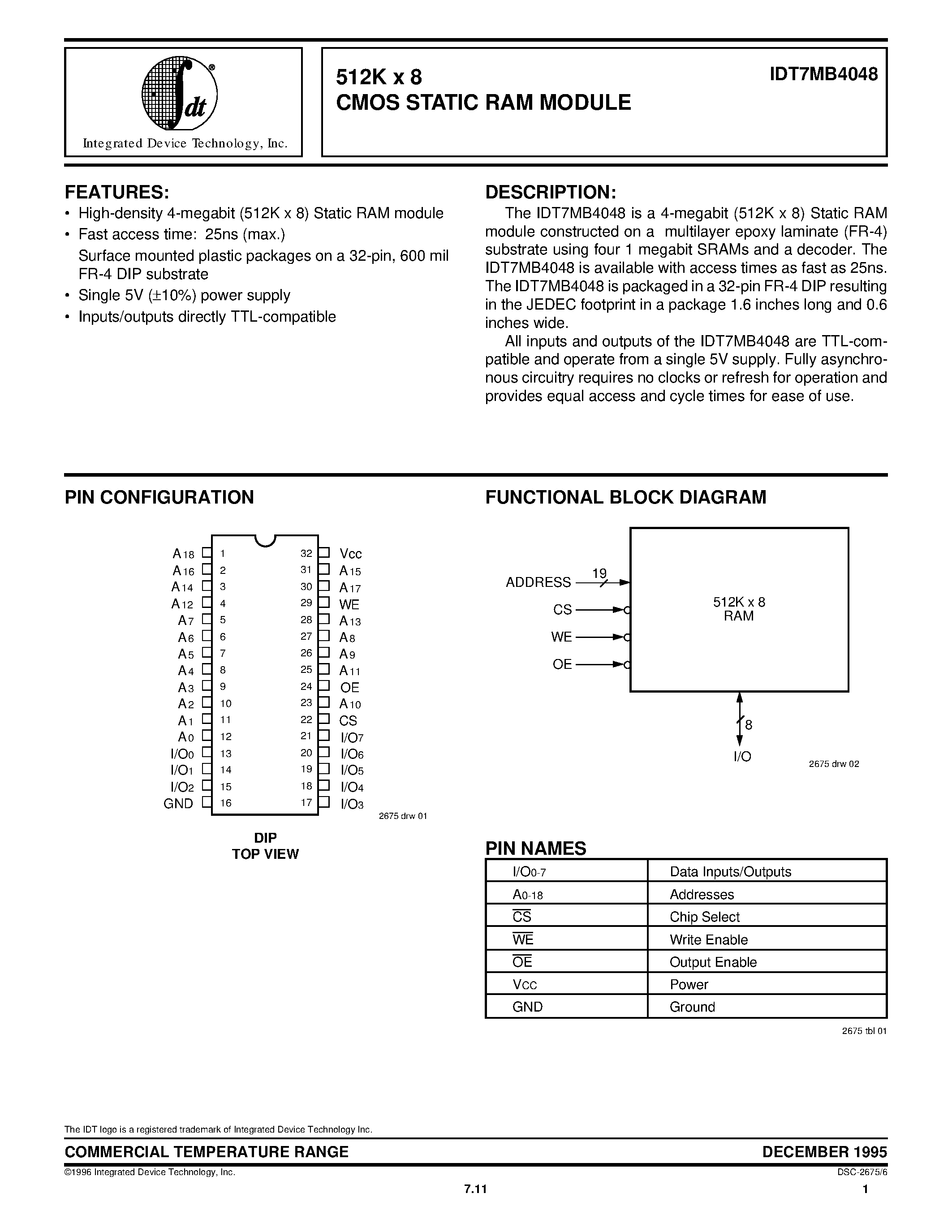 Datasheet IDT7MB4048S30P page 1 Datasheet IDT7MB4048S30P - 512K x 8 CMOS STATIC RAM MODULE page 1