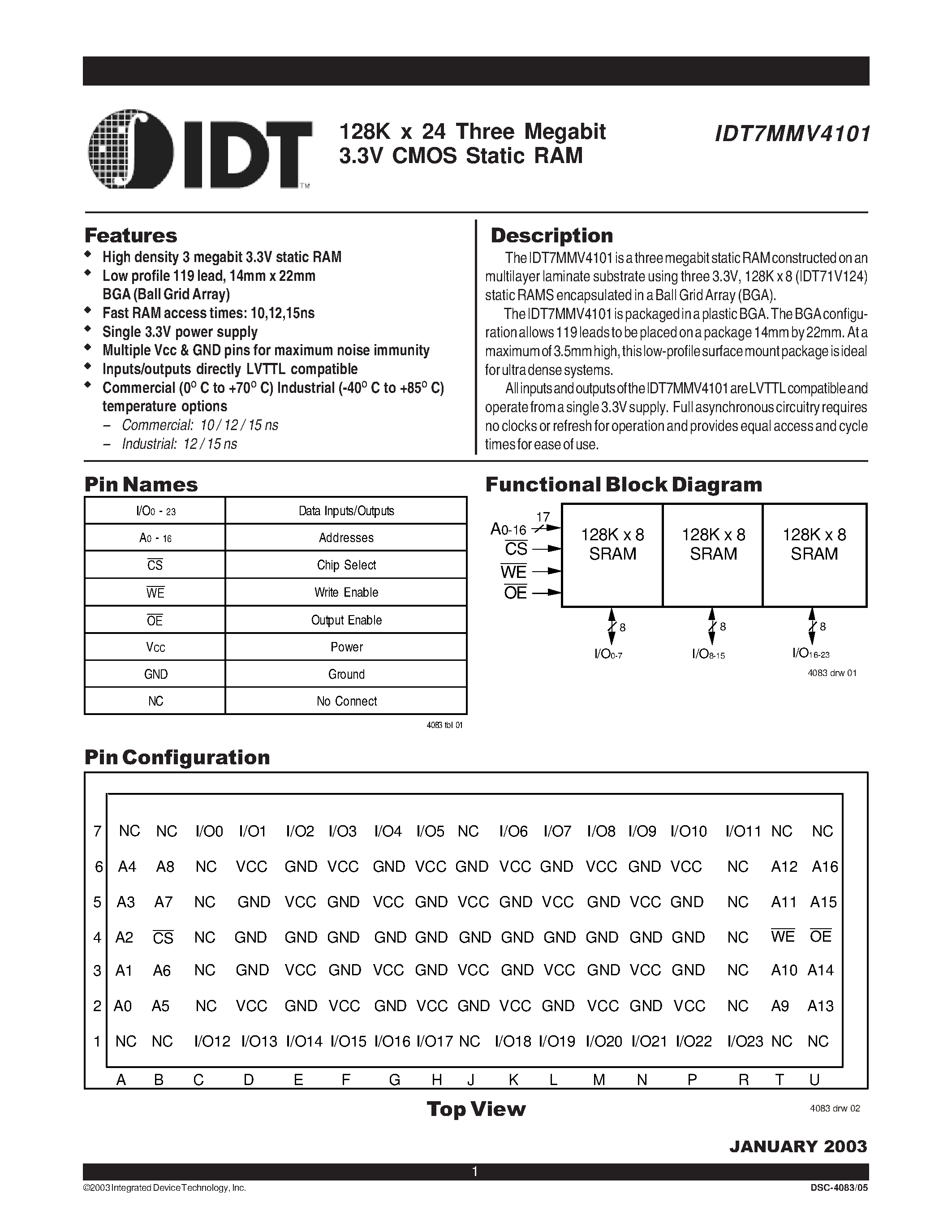 Datasheet IDT7MMV4101S12BGI - 128K x 24 Three Megabit 3.3V CMOS Static RAM page 1