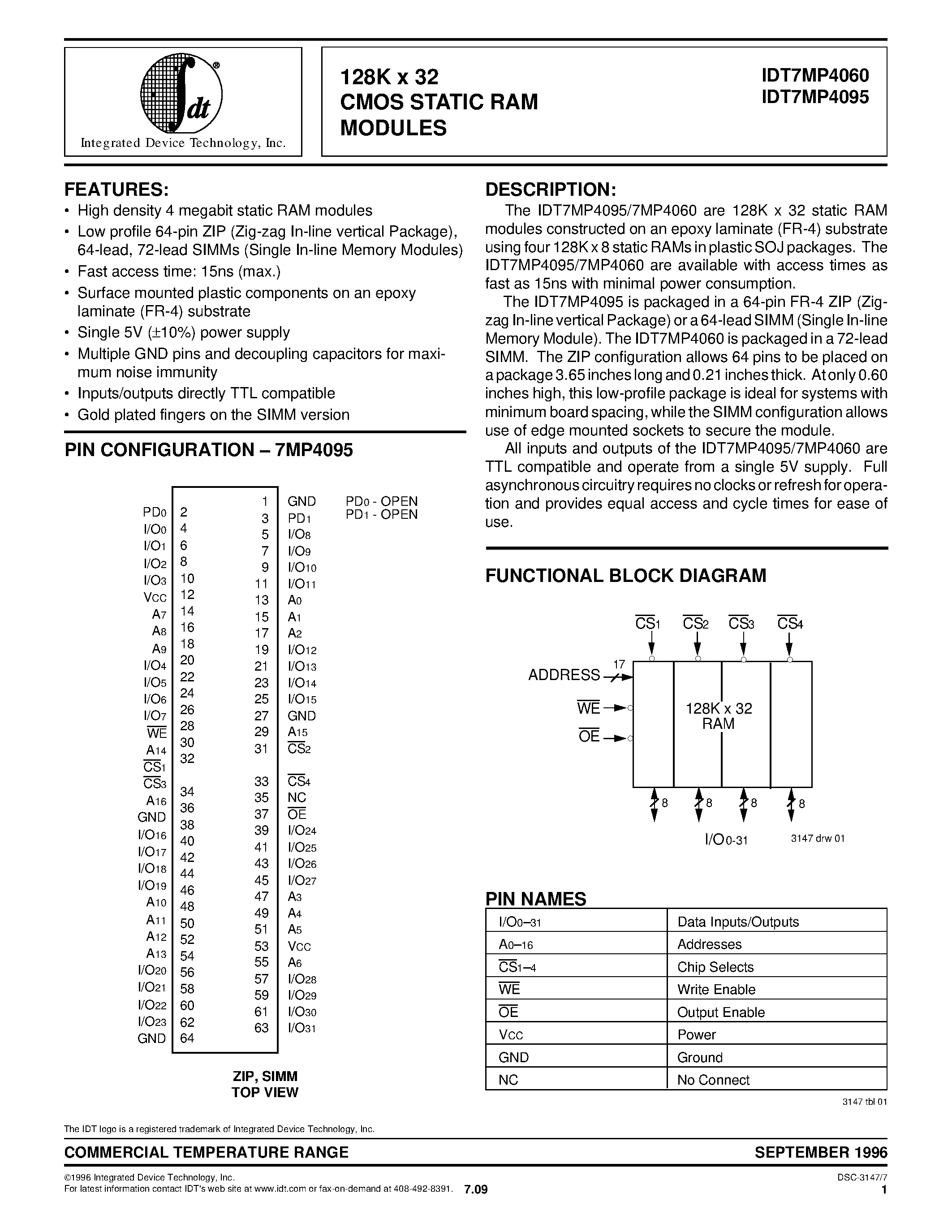 Datasheet IDT7MP4060S15M - 128K x 32 CMOS STATIC RAM MODULES page 1