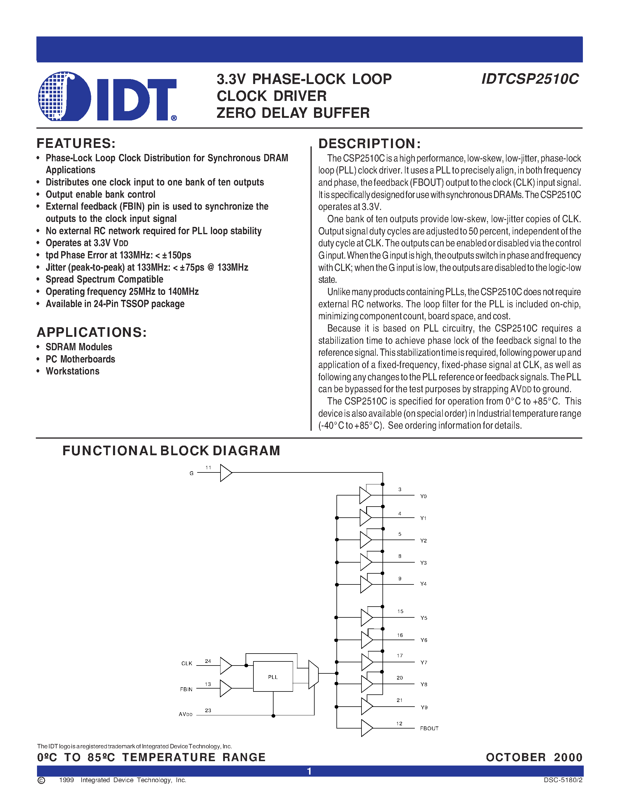 Datasheet IDTCSP2510C - 3.3V PHASE-LOCK LOOP CLOCK DRIVER ZERO DELAY BUFFER page 1