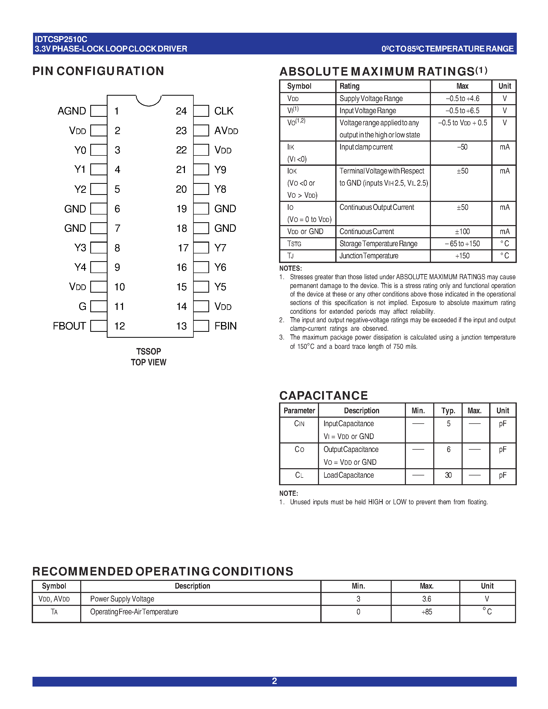 Datasheet IDTCSP2510C - 3.3V PHASE-LOCK LOOP CLOCK DRIVER ZERO DELAY BUFFER page 2