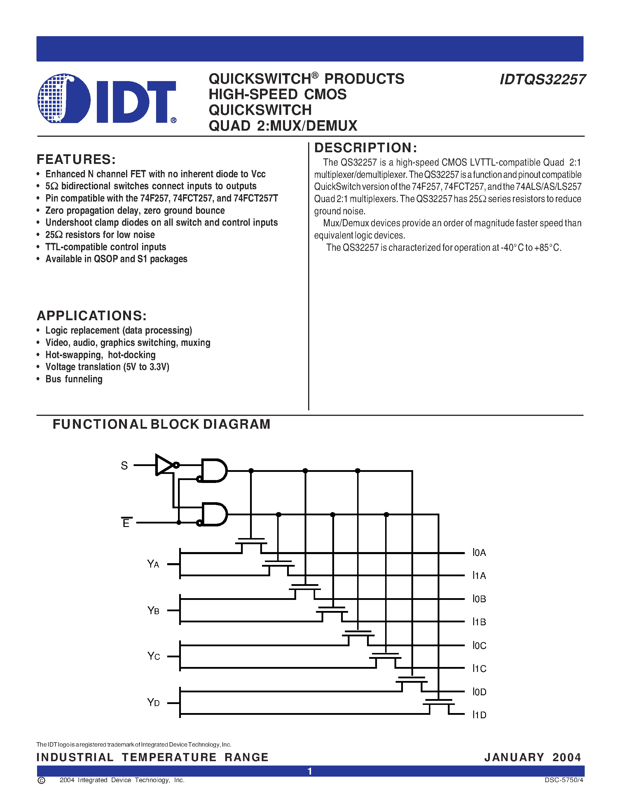 Datasheet IDTQS32257 page 1 Datasheet IDTQS32257 - QUICKSWITCH PRODUCTS HIGH-SPEED CMOS QUICKSWITCH QUAD 2:MUX/DEMUX page 1