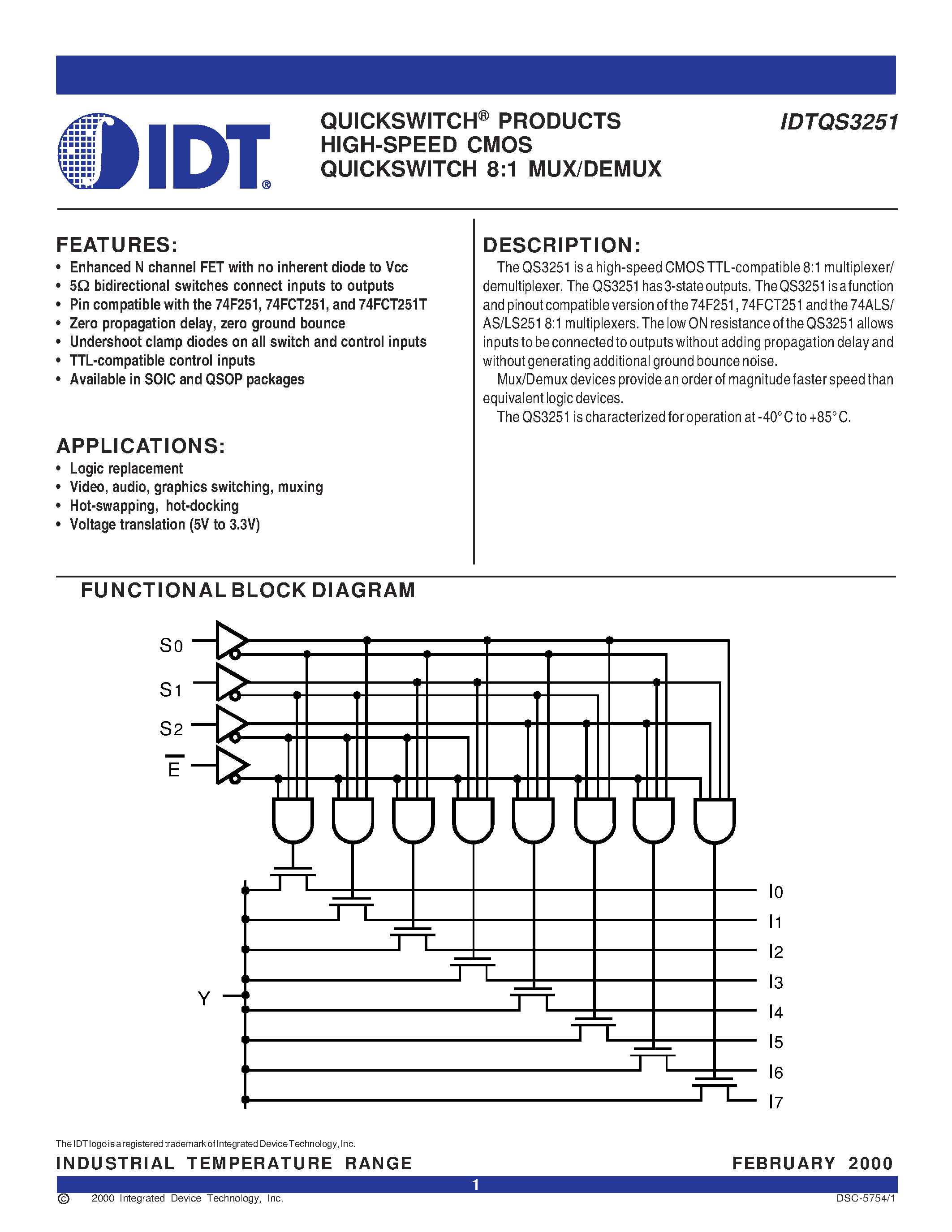 Даташит на микросхему IDTQS3251 страница 1 Даташит IDTQS3251 - QUICKSWITCH PRODUCTS HIGH-SPEED CMOS QUICKSWITCH 8:1 MUX/DEMUX страница 1