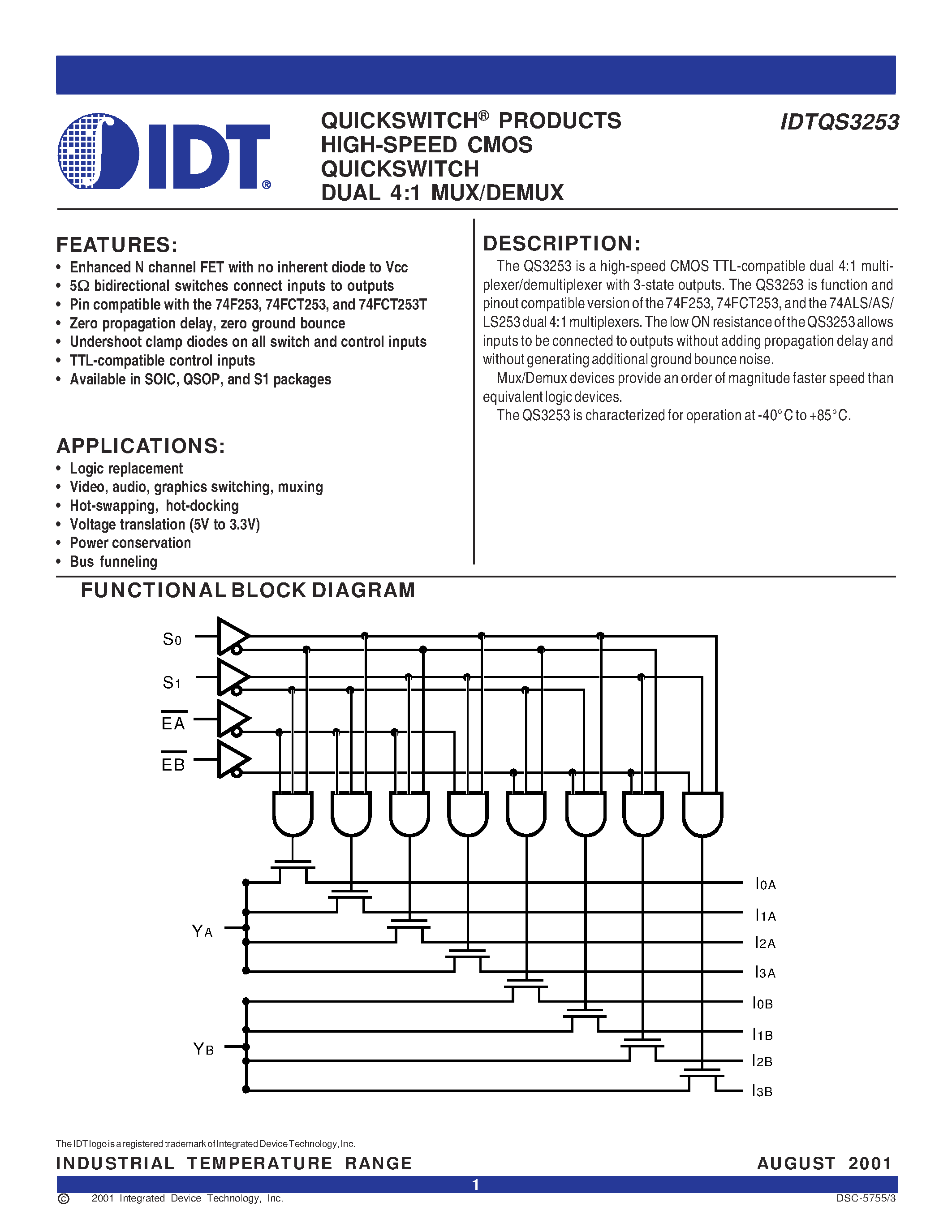Даташит IDTQS3253 - QUICKSWITCH PRODUCTS HIGH-SPEED CMOS QUICKSWITCH DUAL 4:1 MUX/DEMUX страница 1