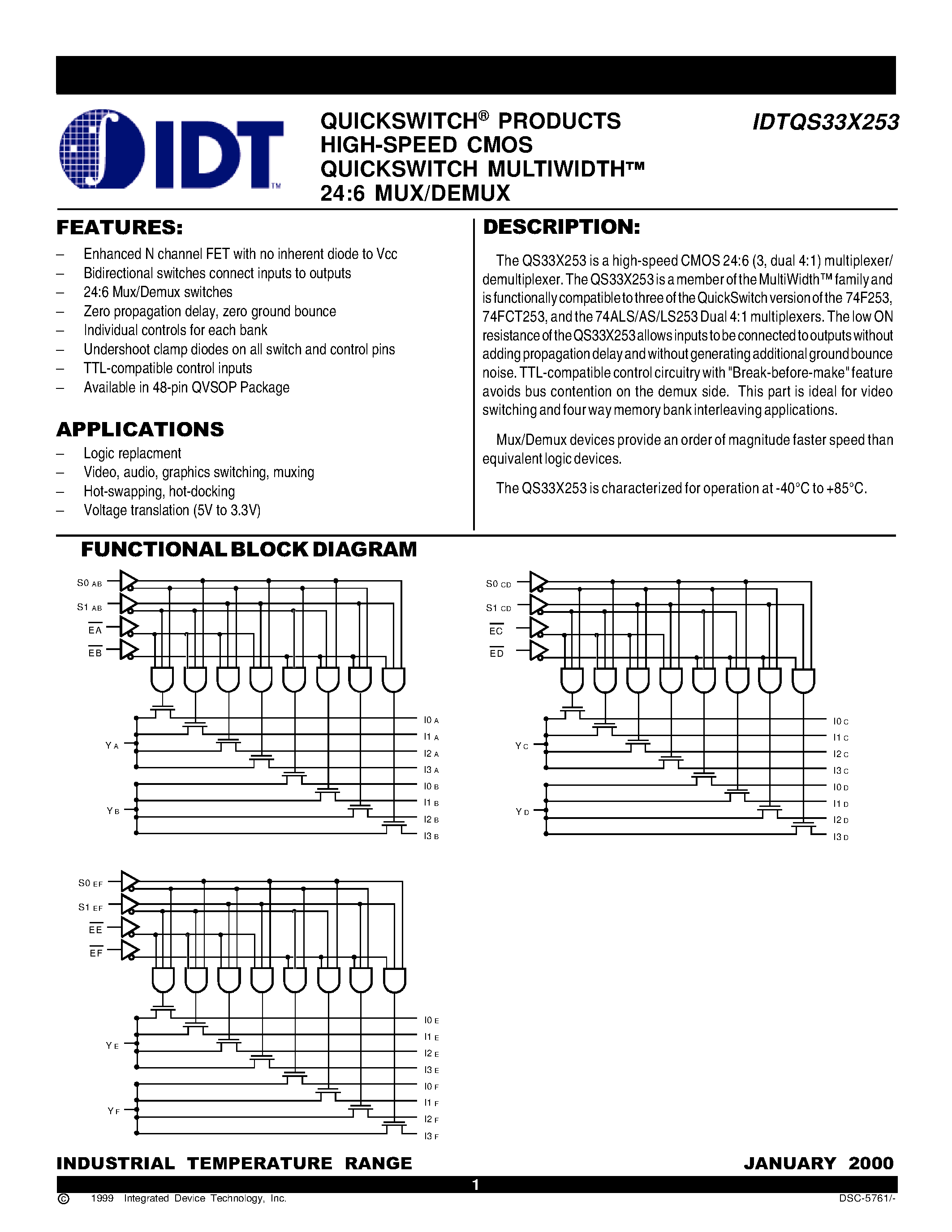 Datasheet IDTQS33X253Q1 page 1 Datasheet IDTQS33X253Q1 - QUICKSWITCH PRODUCTS HIGH-SPEED CMOS QUICKSWITCH MULTIWIDTH 24:6 MUX/DEMUX page 1