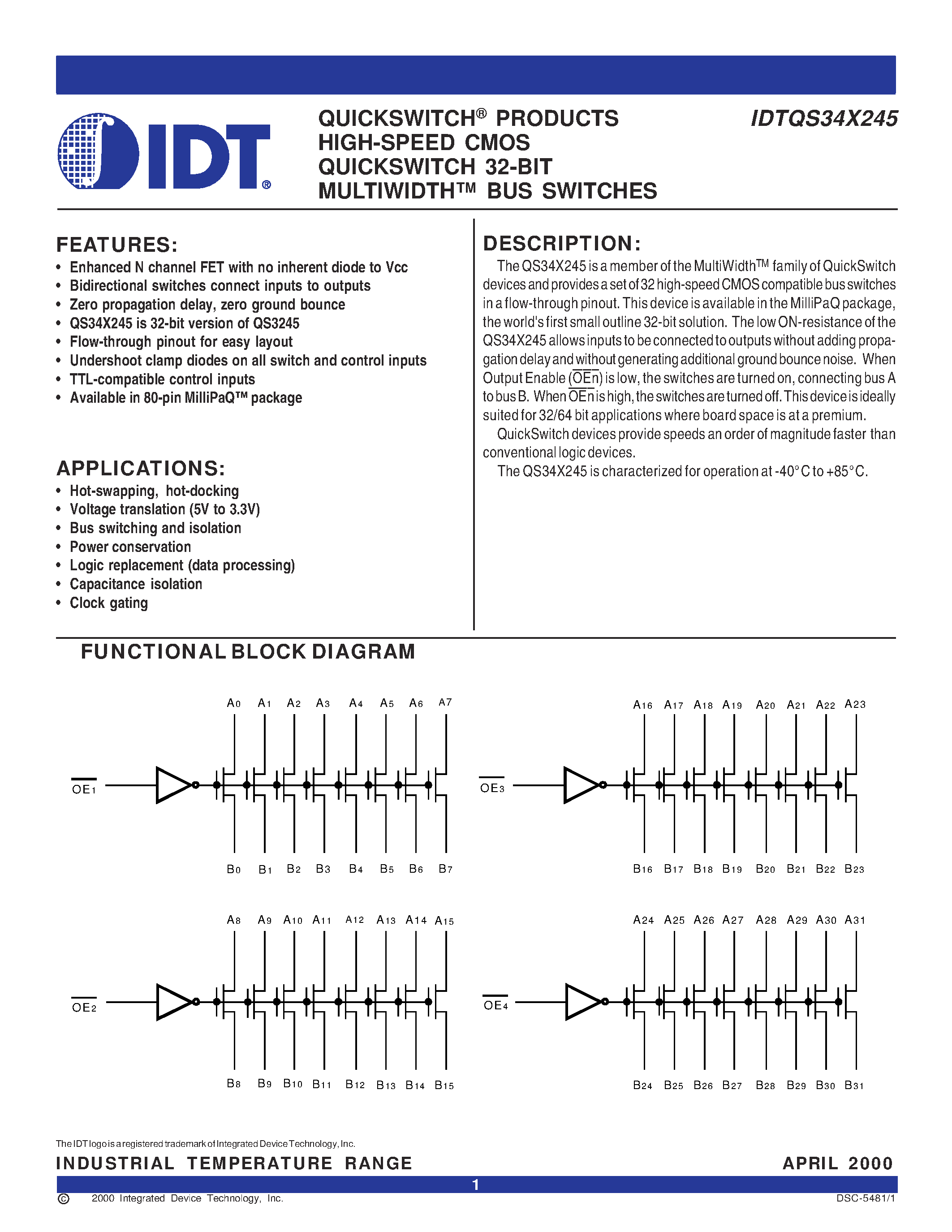Даташит IDTQS34X2245Q3 - QUICKSWITCH PRODUCTS HIGH-SPEED CMOS QUICKSWITCH 32-BIT MULTIWIDTH BUS SWITCHES страница 1