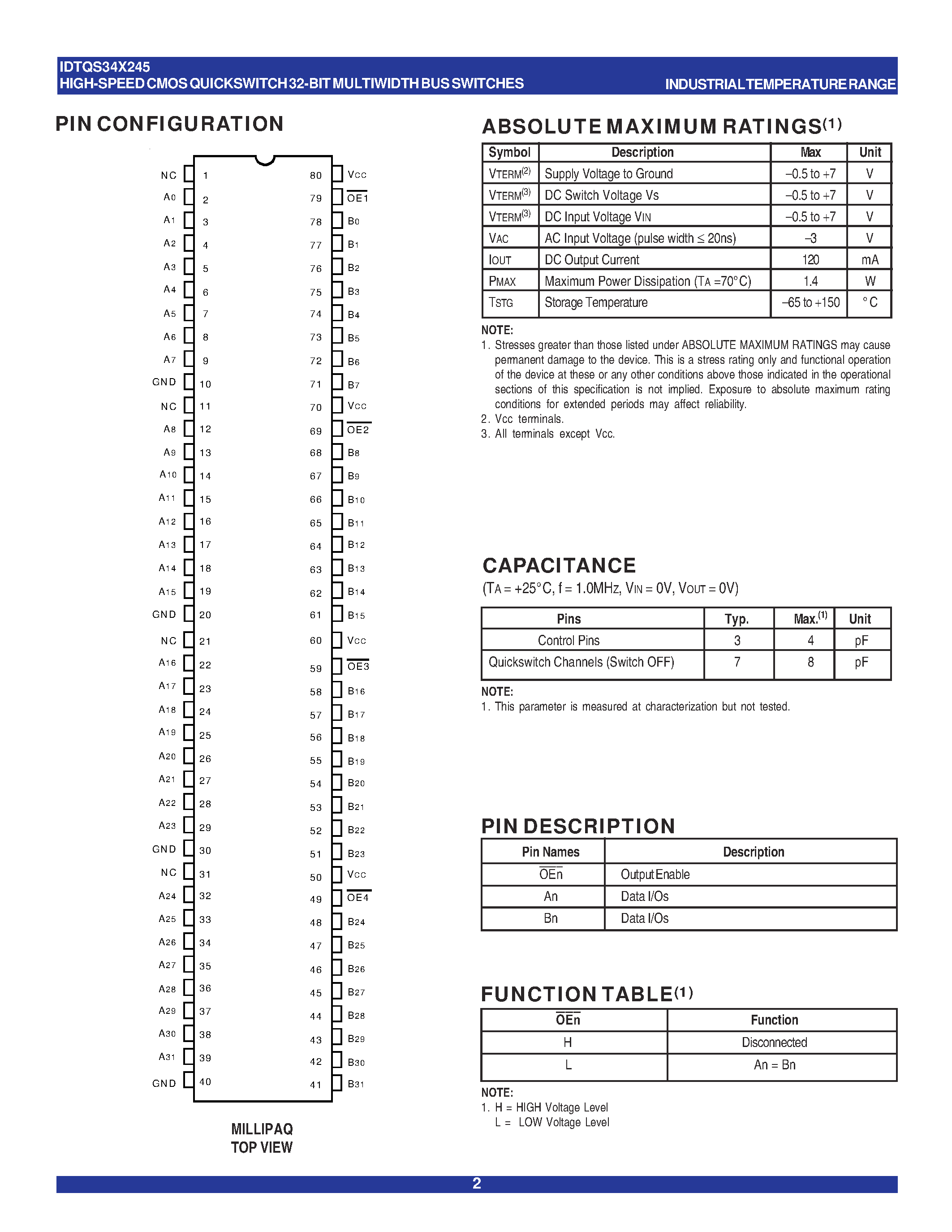 Даташит IDTQS34X245 - QUICKSWITCH PRODUCTS HIGH-SPEED CMOS QUICKSWITCH 32-BIT MULTIWIDTH BUS SWITCHES страница 2