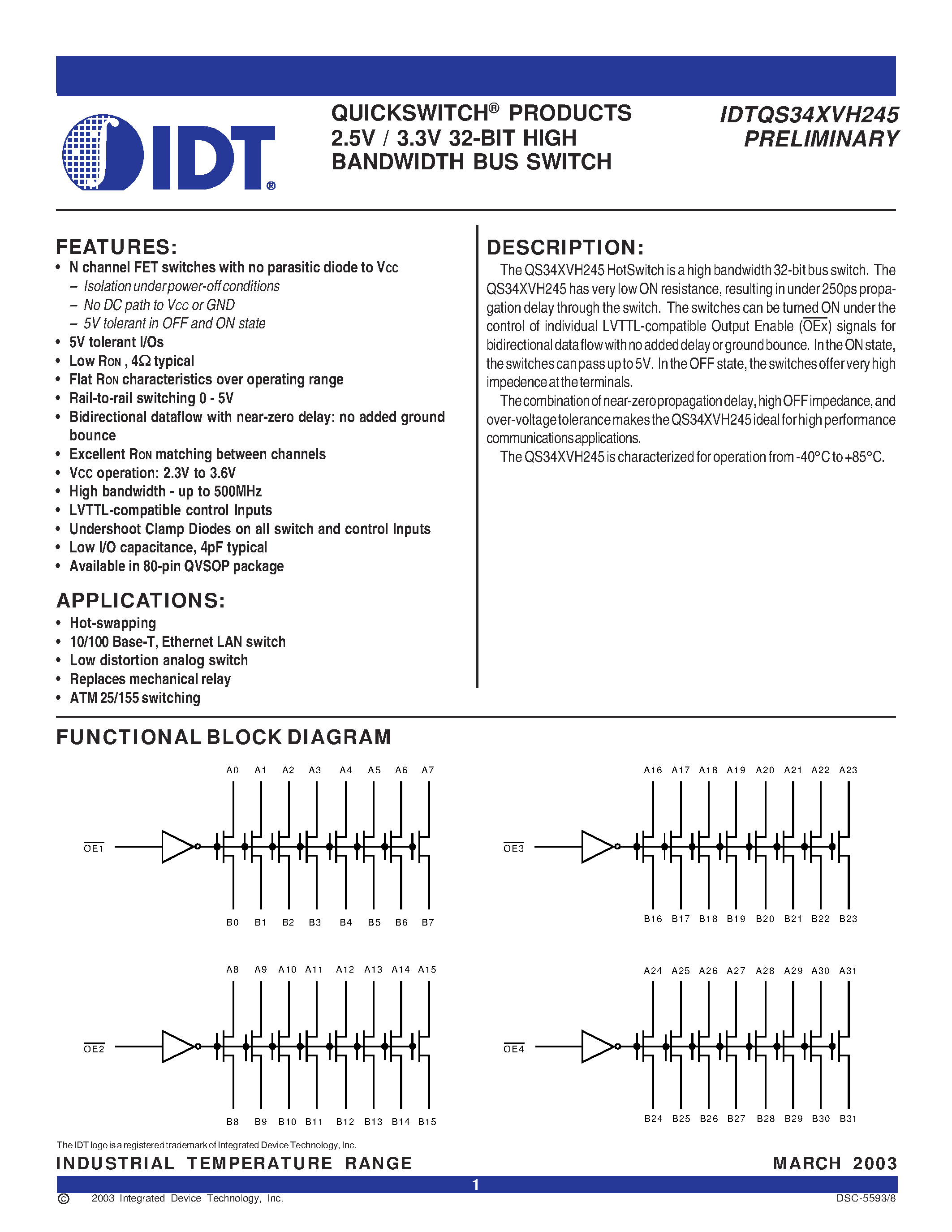 Datasheet IDTQS34XVH245Q3 - QUICKSWITCH PRODUCTS 2.5V / 3.3V 32-BIT HIGH BANDWIDTH BUS SWITCH page 1
