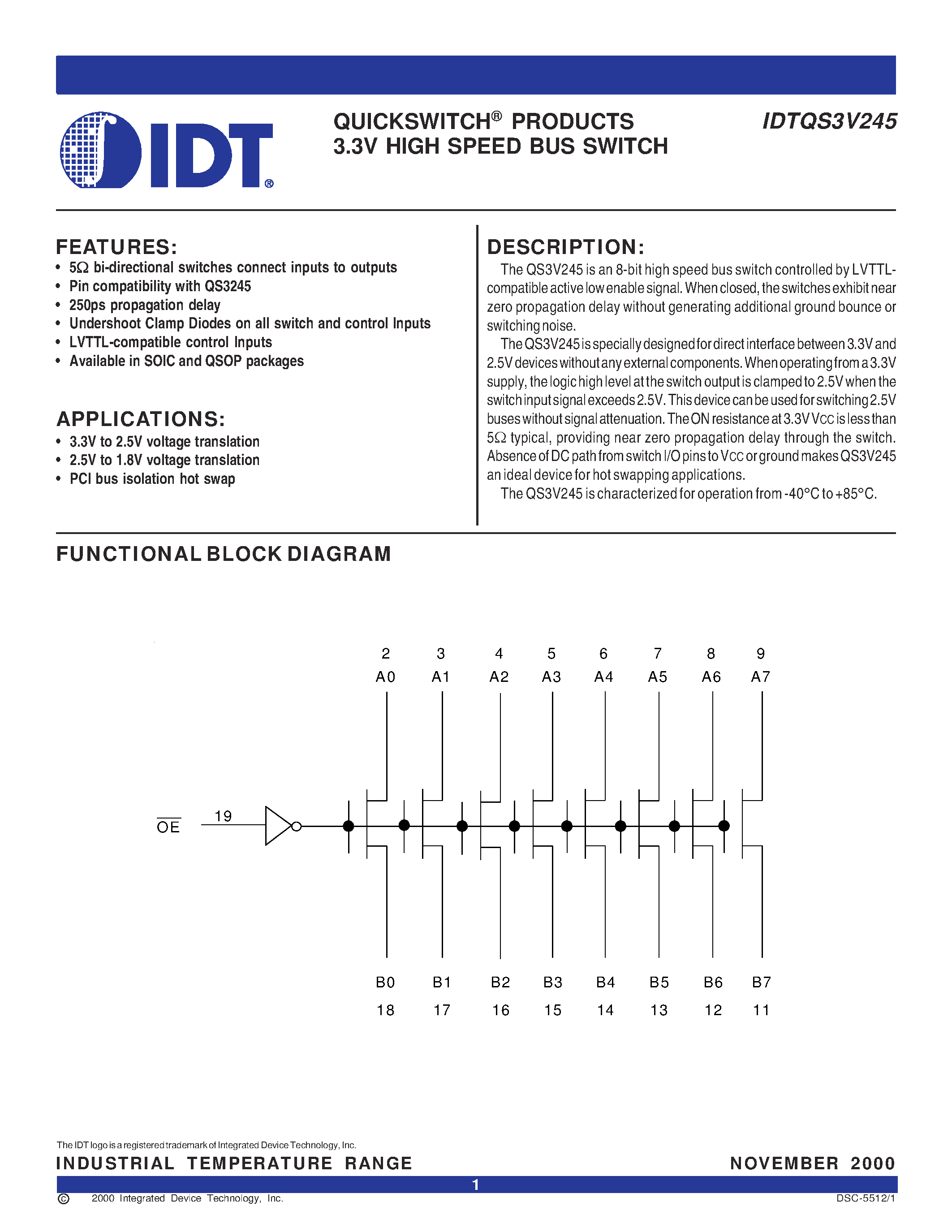 Datasheet IDTQS3V245Q - QUICKSWITCH PRODUCTS 3.3V HIGH SPEED BUS SWITCH page 1