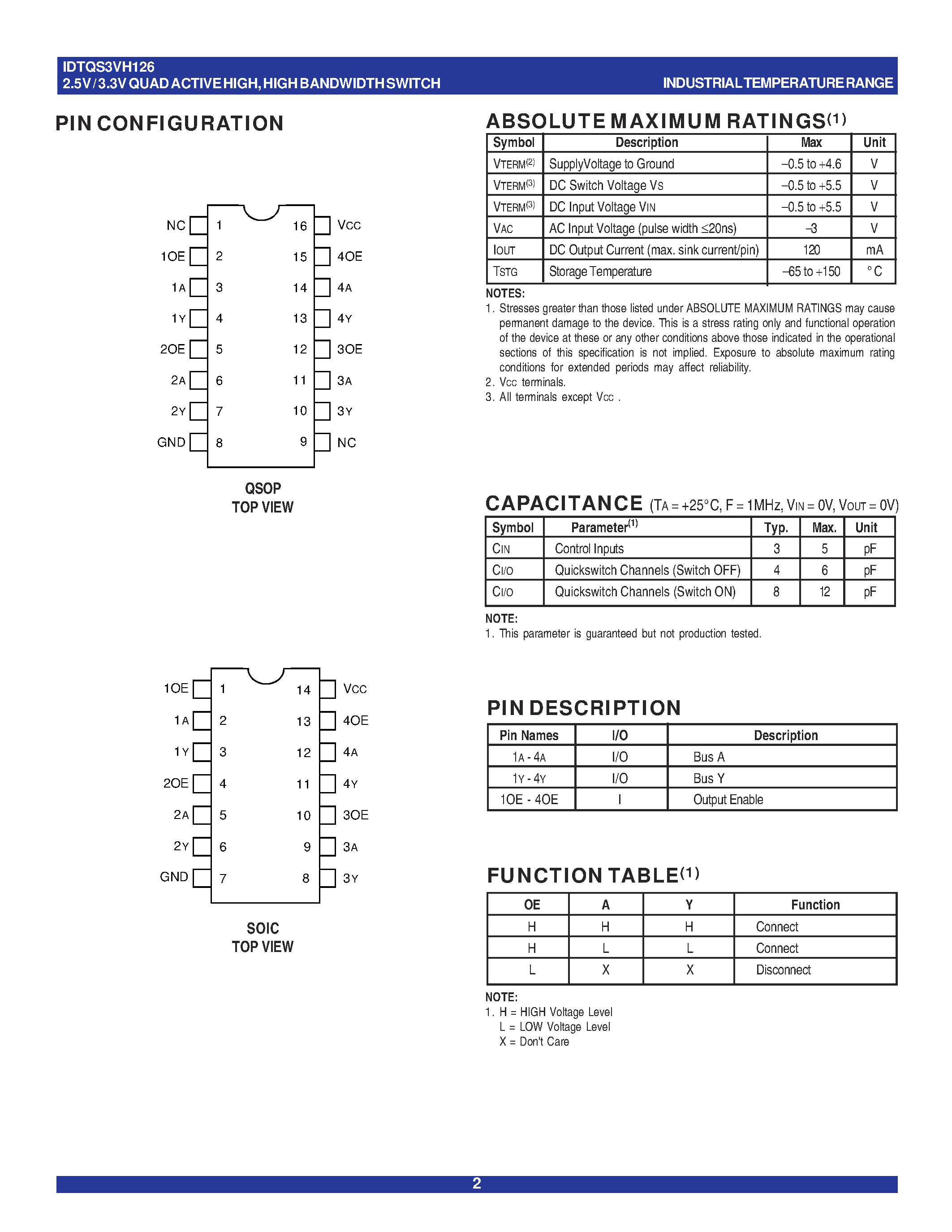 Даташит IDTQS3VH126 - QUICKSWITCH PRODUCTS 2.5V / 3.3V QUAD ACTIVE HIGH/ HIGH BANDWIDTH SWITCH страница 2