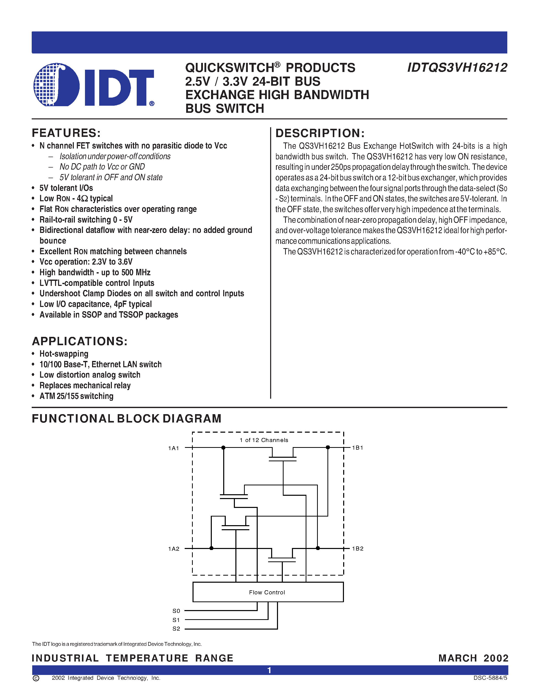 Datasheet IDTQS3VH16212PAG - QUICKSWITCH PRODUCTS 2.5V / 3.3V 24-BIT BUS EXCHANGE HIGH BANDWIDTH BUS SWITCH page 1