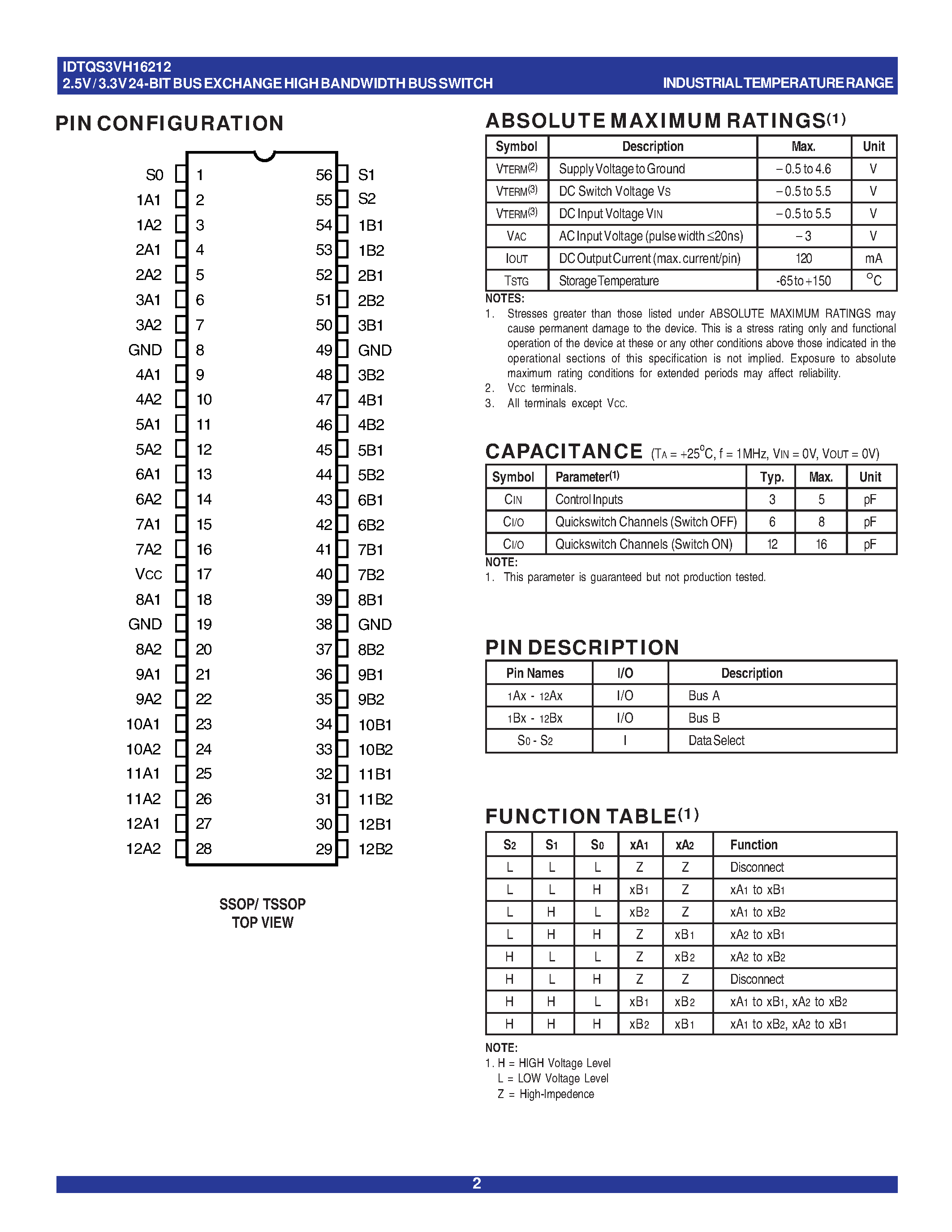 Datasheet IDTQS3VH16212PAG - QUICKSWITCH PRODUCTS 2.5V / 3.3V 24-BIT BUS EXCHANGE HIGH BANDWIDTH BUS SWITCH page 2