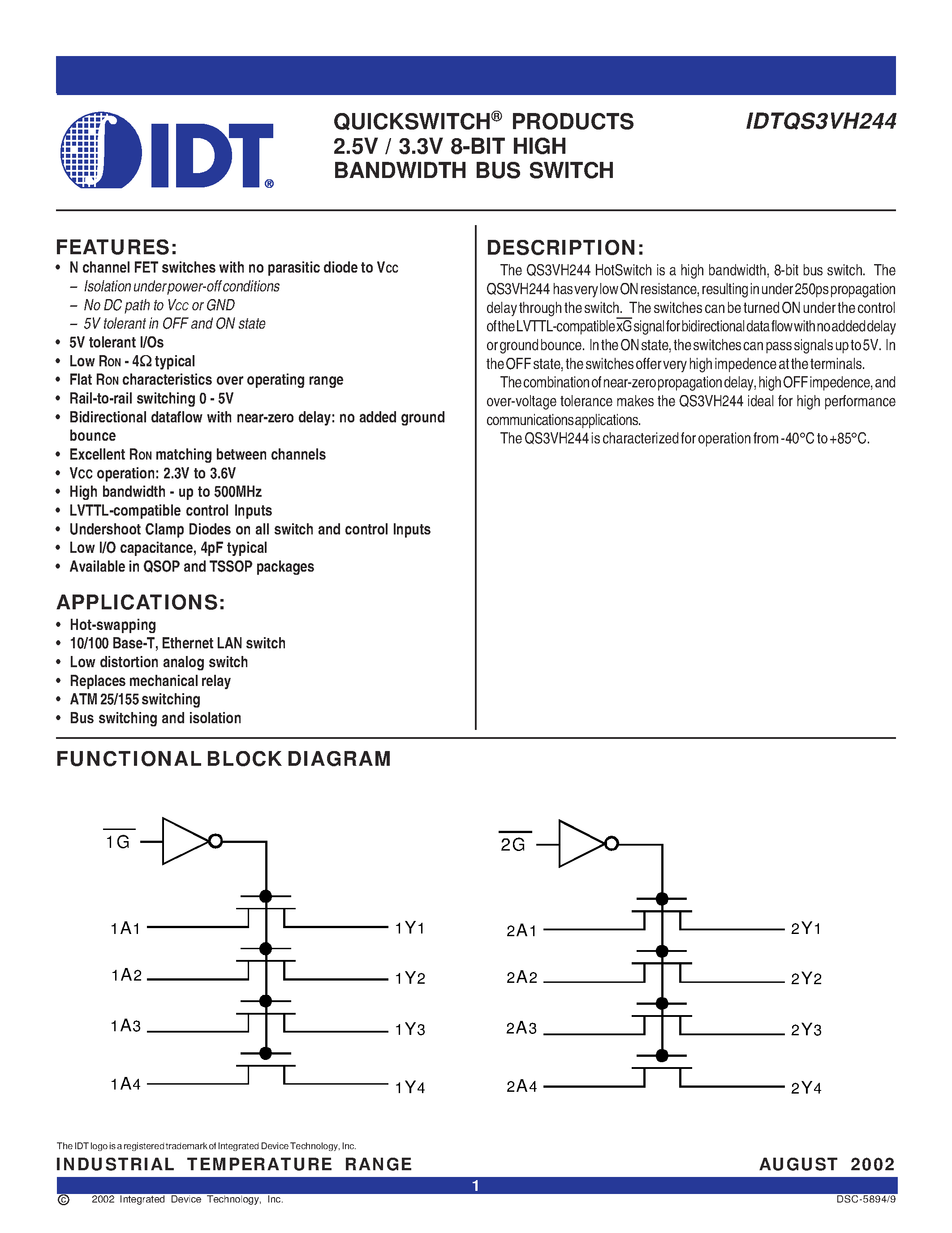 Datasheet IDTQS3VH244Q - QUICKSWITCH PRODUCTS 2.5V / 3.3V 8-BIT HIGH BANDWIDTH BUS SWITCH page 1