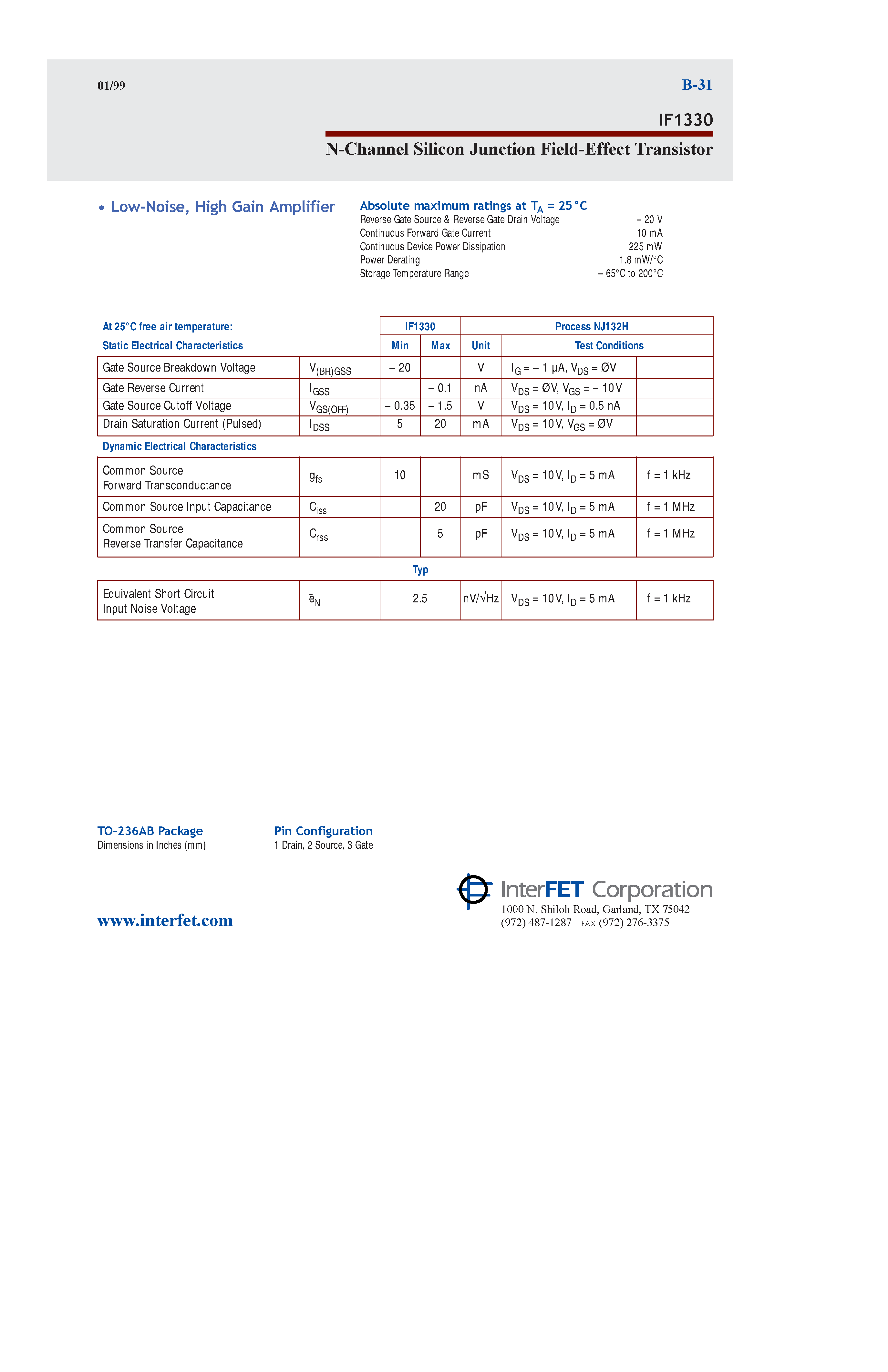 Datasheet IF1330 - N-Channel Silicon Junction Field-Effect Transistor page 1