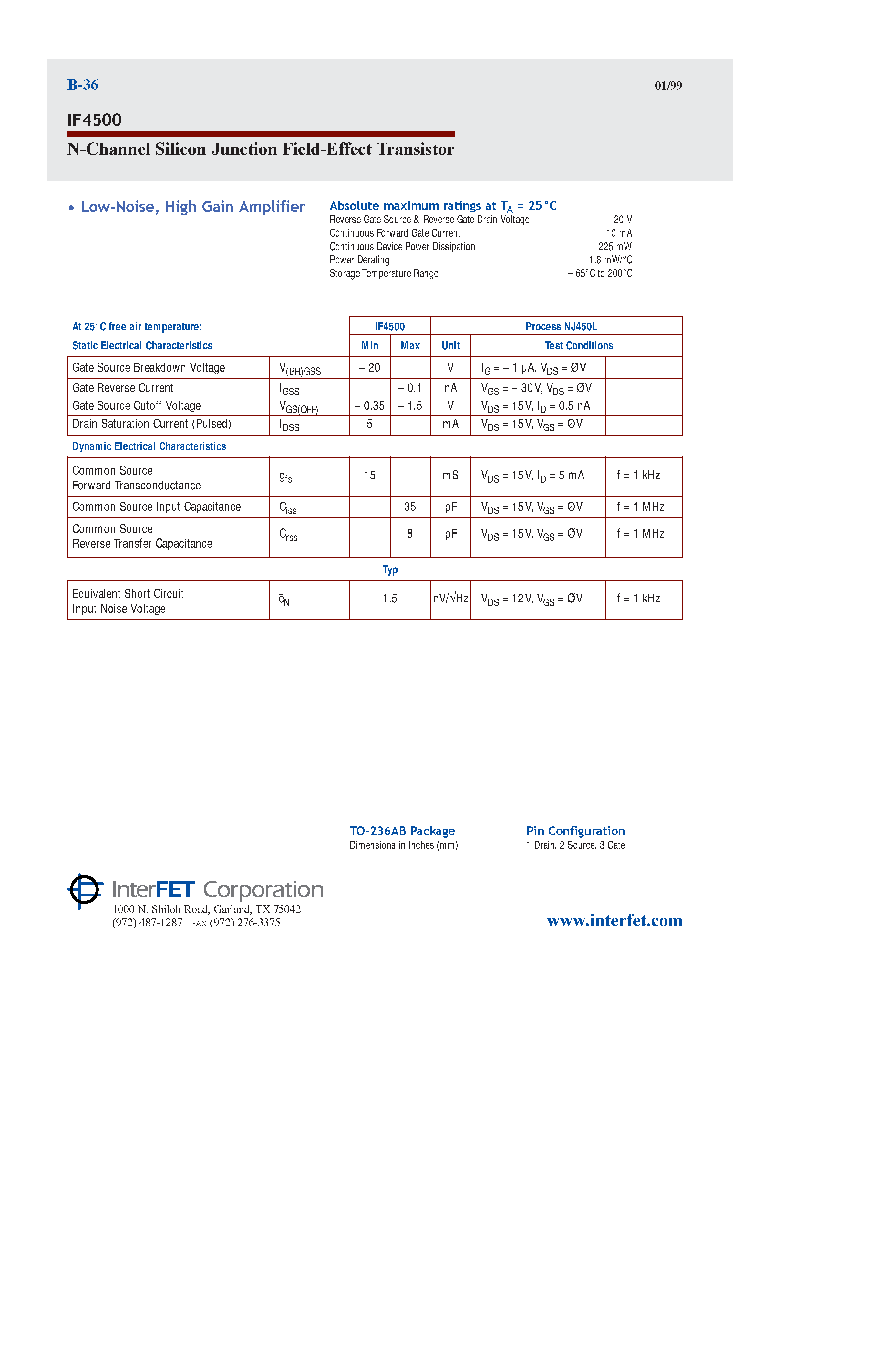 Datasheet IF4500 - N-Channel Silicon Junction Field-Effect Transistor page 1