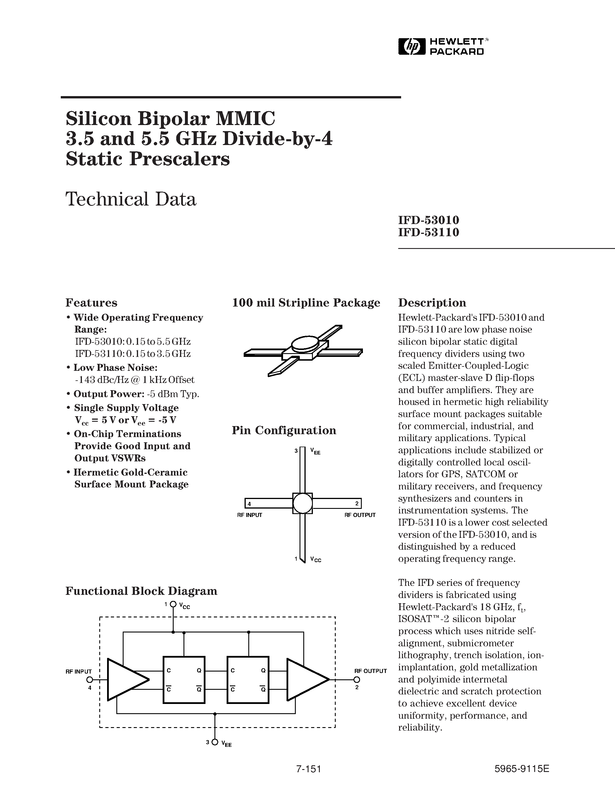 Даташит IFD-53110 - Silicon Bipolar MMIC 3.5 and 5.5 GHz Divide-by-4 Static Prescalers страница 1